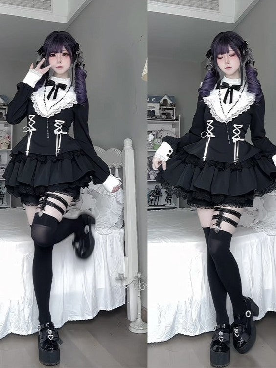 Gothic Sweet Lace Ruffle Cross Lace-Up Long Sleeve Lolita OP Dress with Shorts - LolitaEra