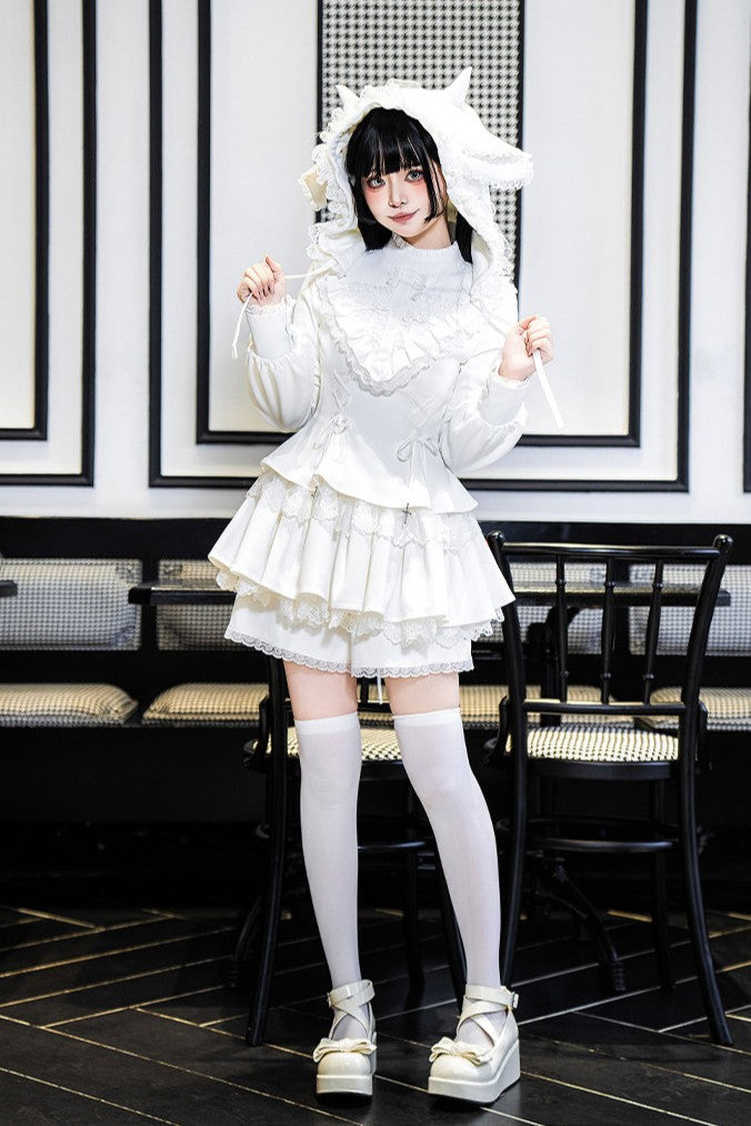 Gothic Sweet Lace Ruffle Cross Lace-Up Long Sleeve Lolita OP Dress with Shorts - LolitaEra