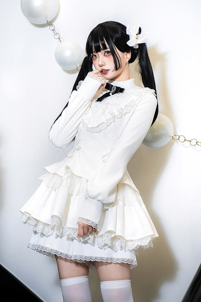 Gothic Sweet Lace Ruffle Cross Lace-Up Long Sleeve Lolita OP Dress with Shorts - LolitaEra