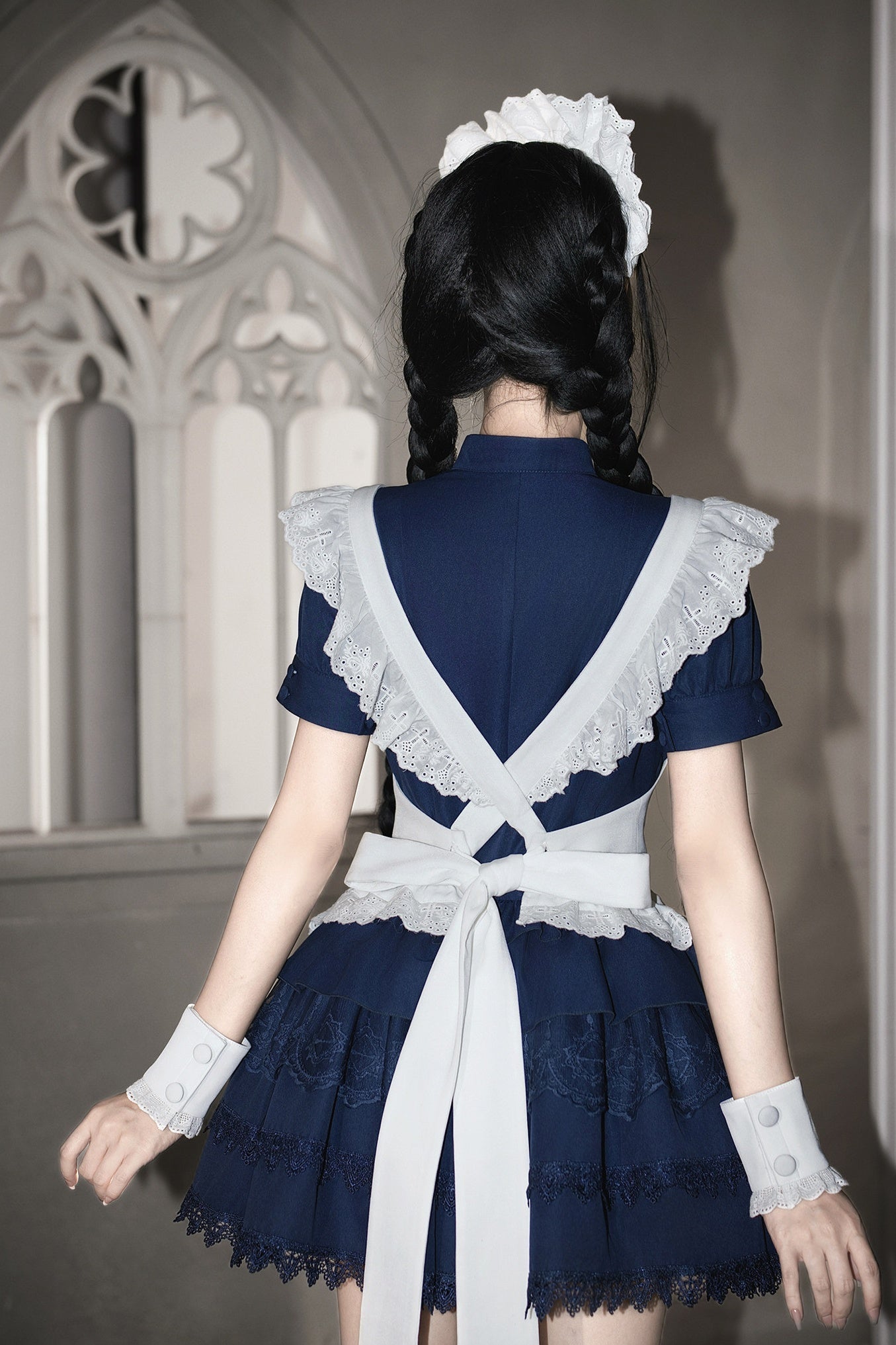 Gothic Sweet Maid Cross Lace Mini OP Dress with Apron Set Navy Black - LolitaEra