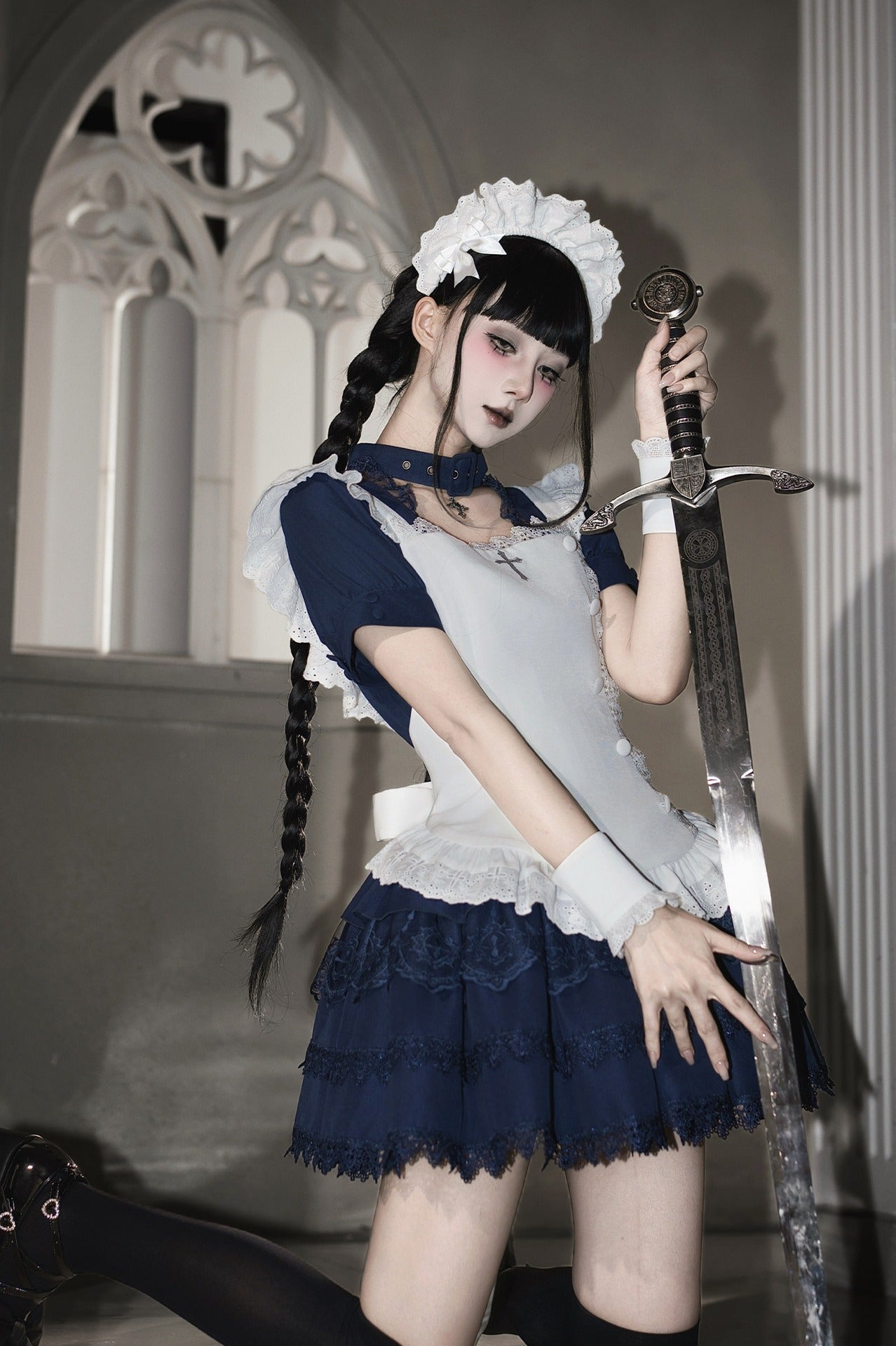 Gothic Sweet Maid Cross Lace Mini OP Dress with Apron Set Navy Black - LolitaEra