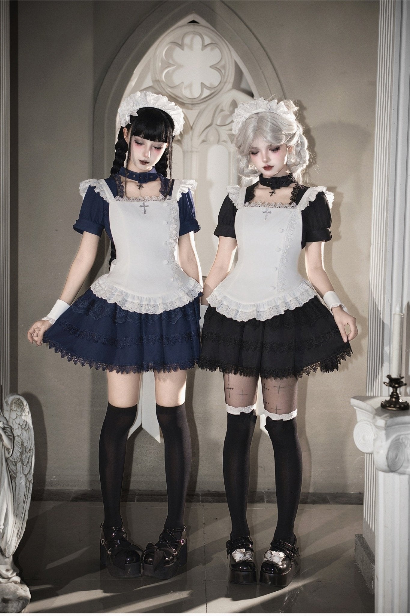 Gothic Sweet Maid Cross Lace Mini OP Dress with Apron Set Navy Black - LolitaEra