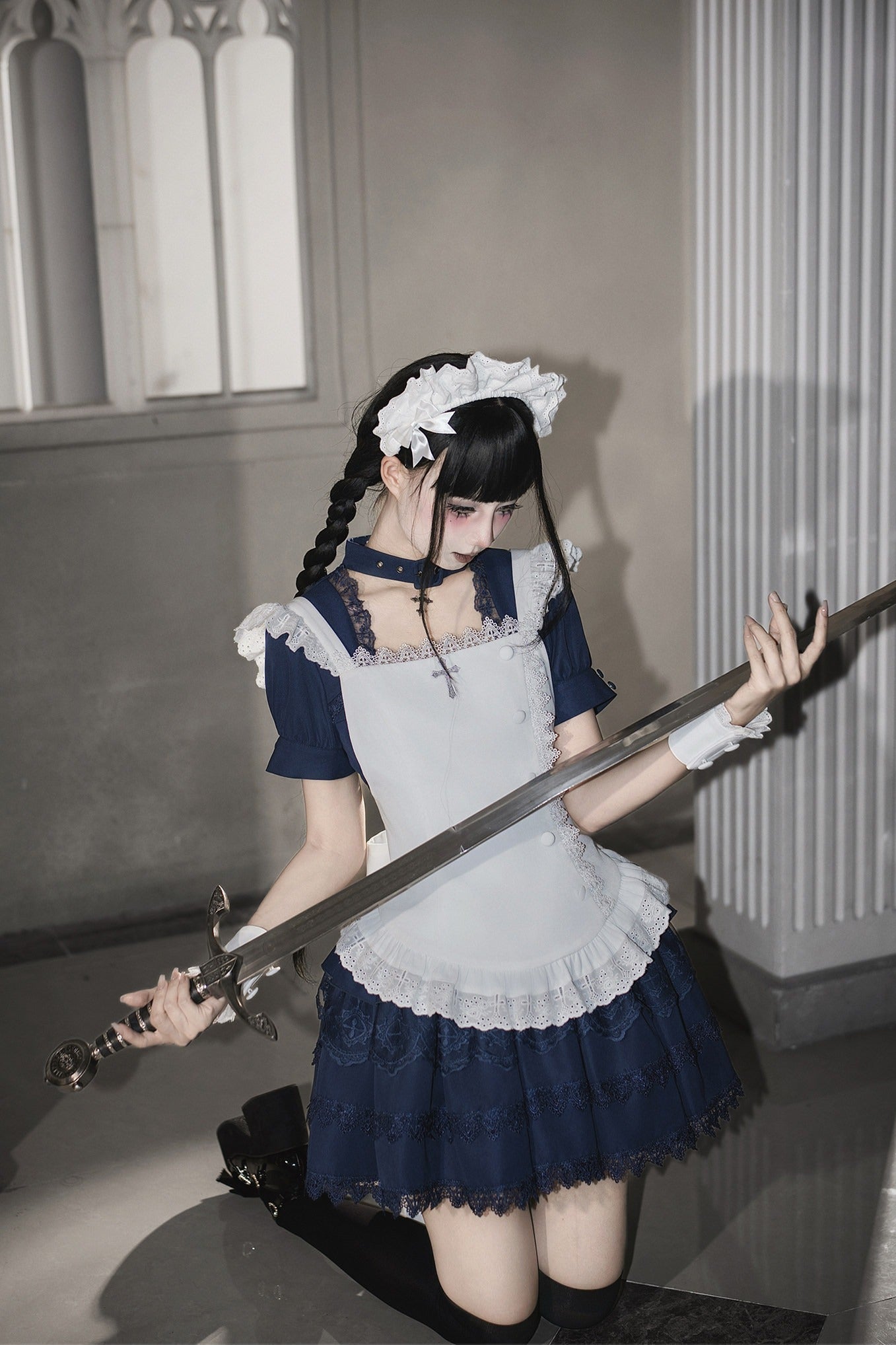Gothic Sweet Maid Cross Lace Mini OP Dress with Apron Set Navy Black - LolitaEra
