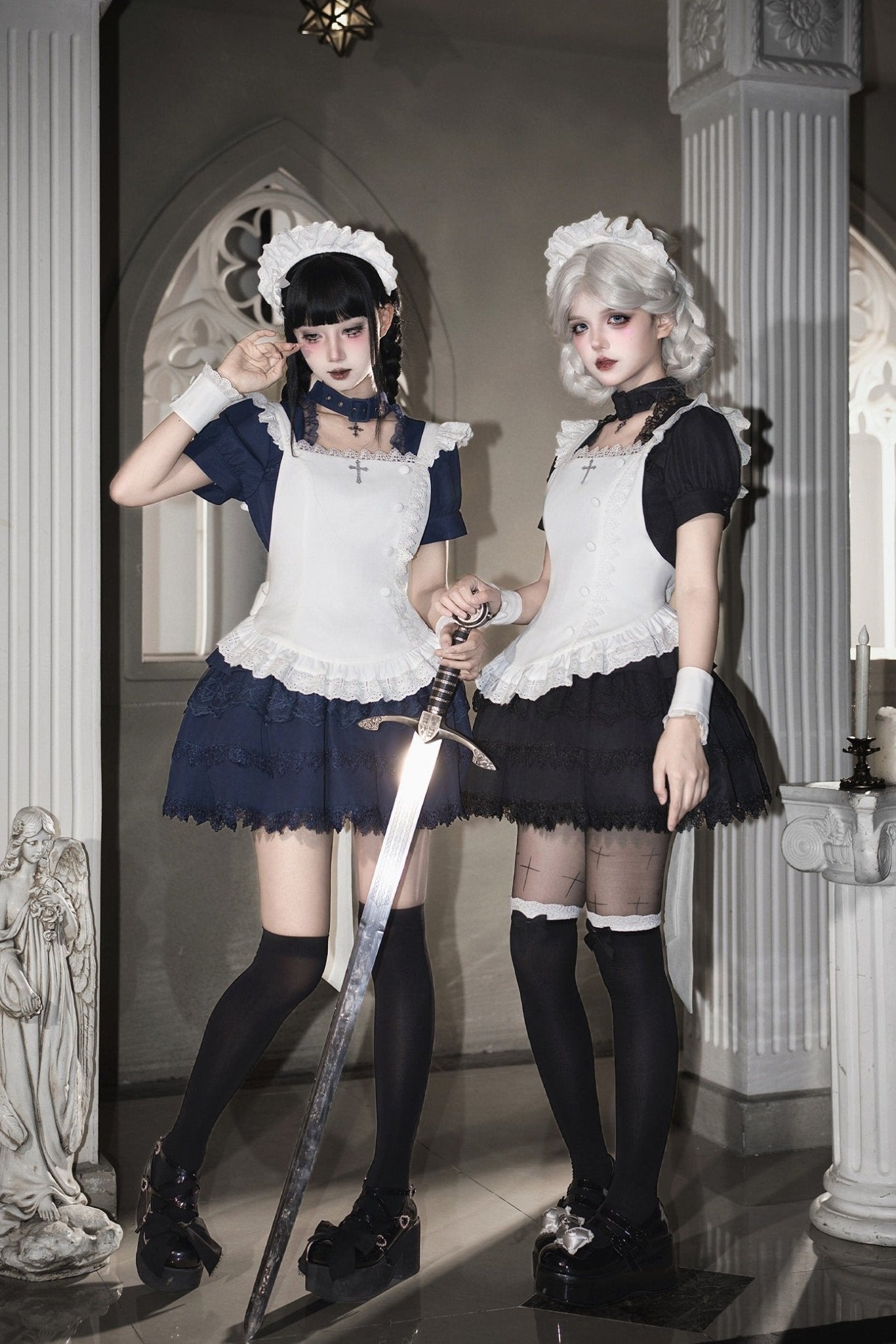 Gothic Sweet Maid Cross Lace Mini OP Dress with Apron Set Navy Black - LolitaEra