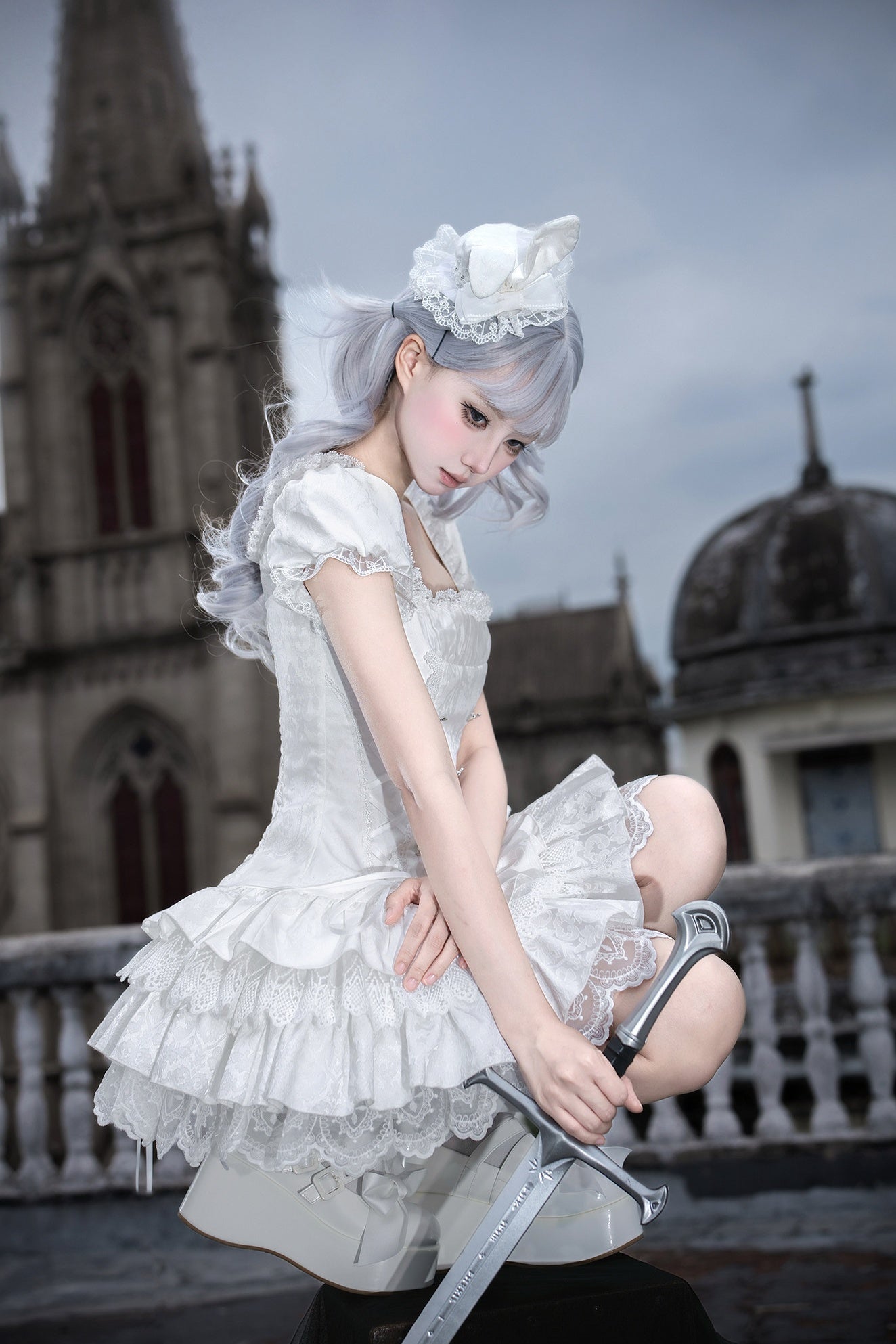 Gothic Sweet Maid Cross Stripe White Tiered Puff Mini OP Dress Twin Set - LolitaEra
