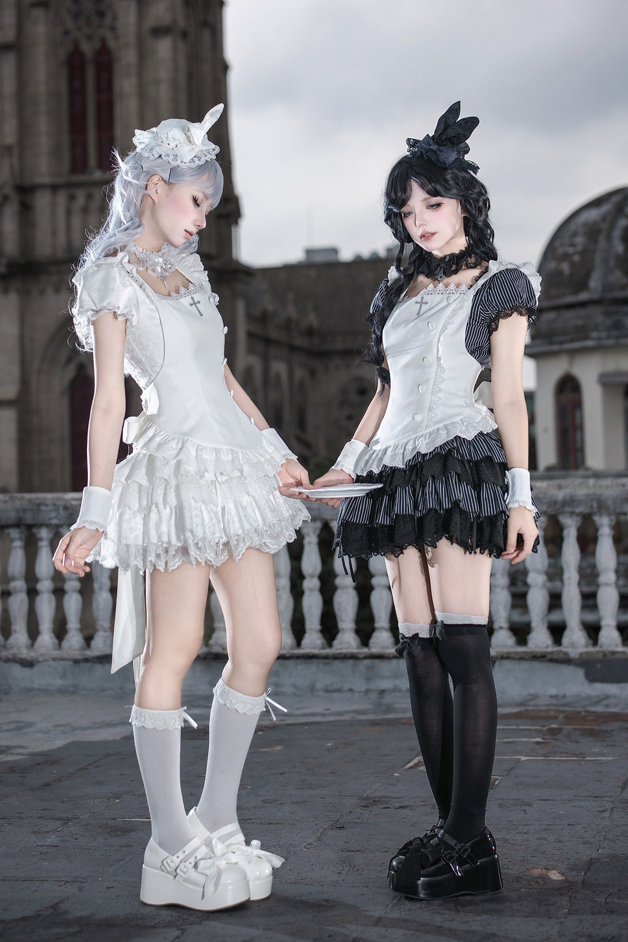 Gothic Sweet Maid Cross Stripe White Tiered Puff Mini OP Dress Twin Set - LolitaEra