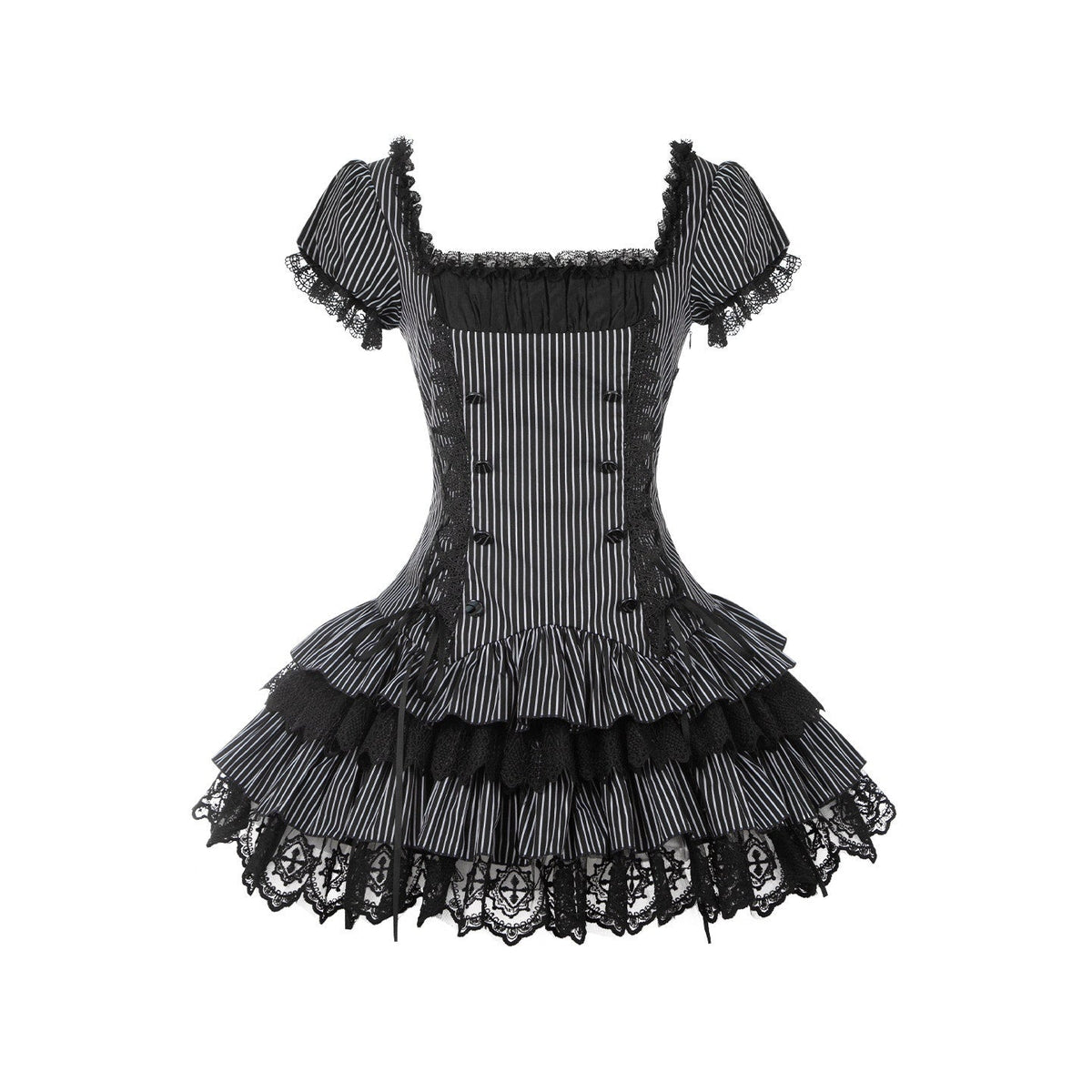 Gothic Sweet Maid Cross Stripe White Tiered Puff Mini OP Dress Twin Set - LolitaEra