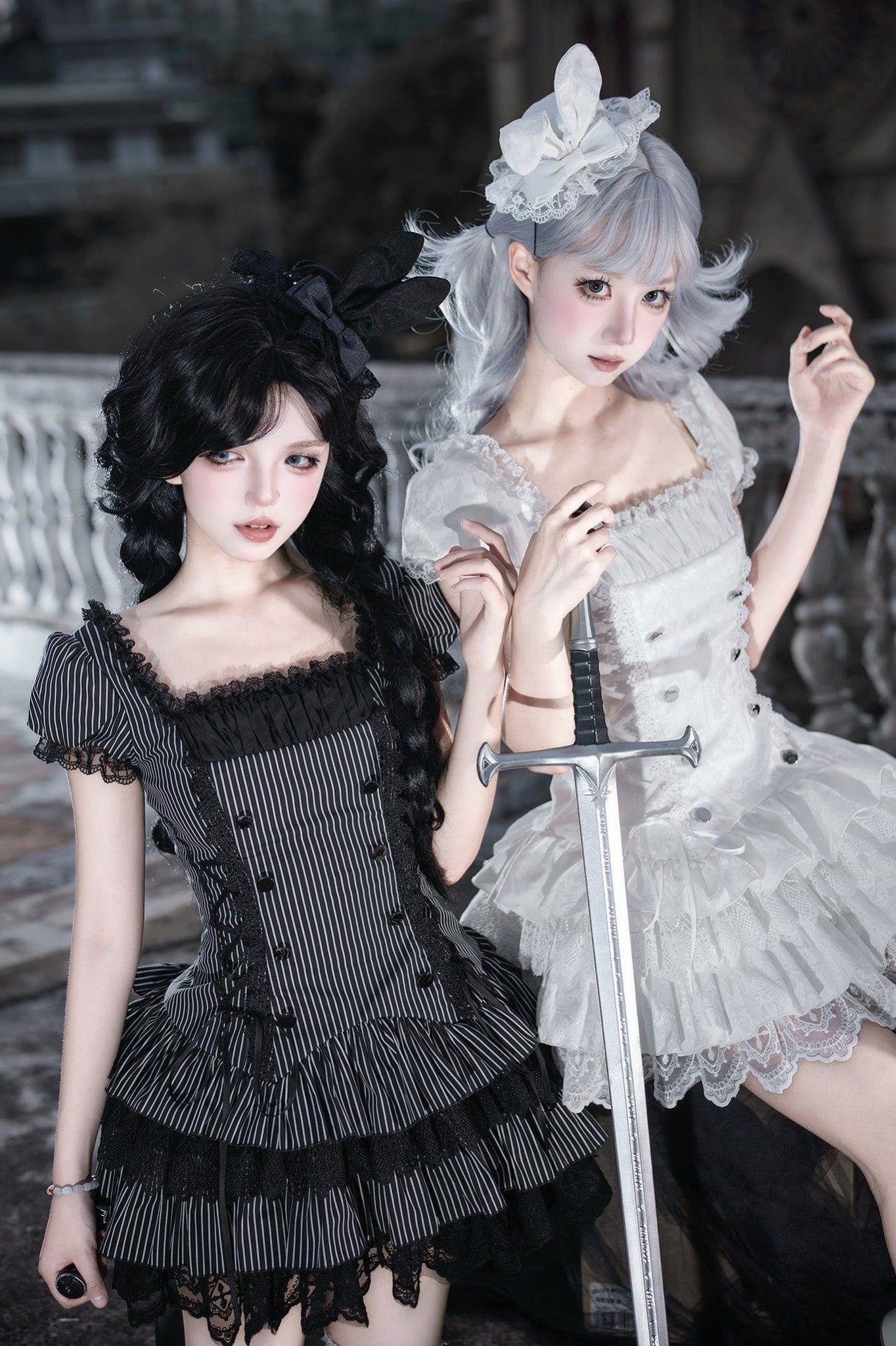 Gothic Sweet Maid Cross Stripe White Tiered Puff Mini OP Dress Twin Set - LolitaEra