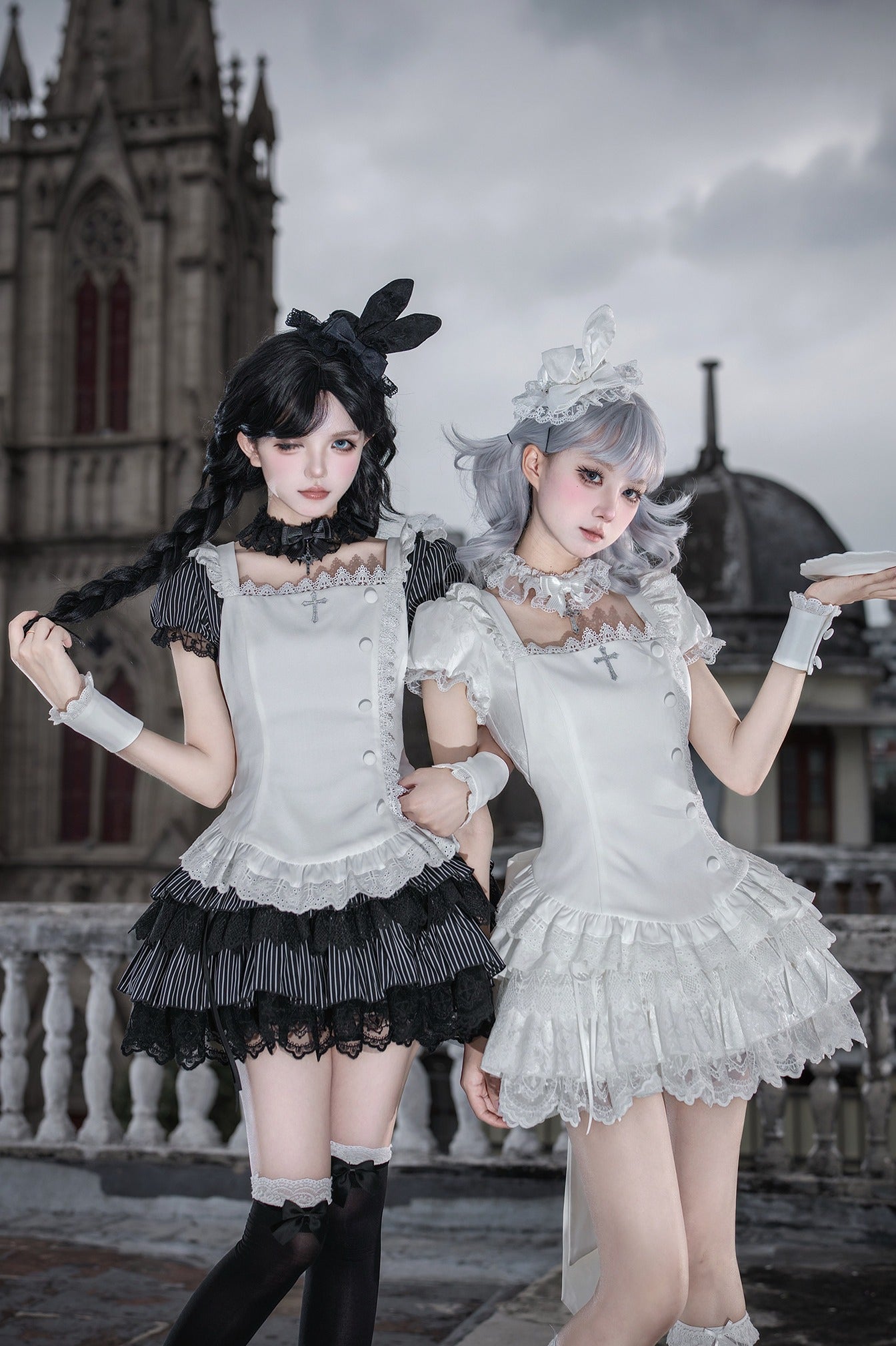 Gothic Sweet Maid Cross Stripe White Tiered Puff Mini OP Dress Twin Set - LolitaEra