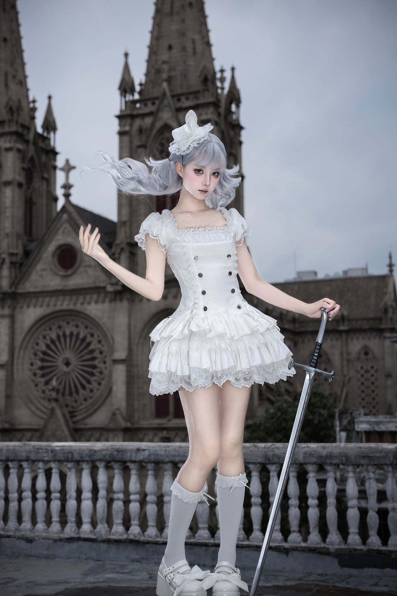 Gothic Sweet Maid Cross Stripe White Tiered Puff Mini OP Dress Twin Set - LolitaEra