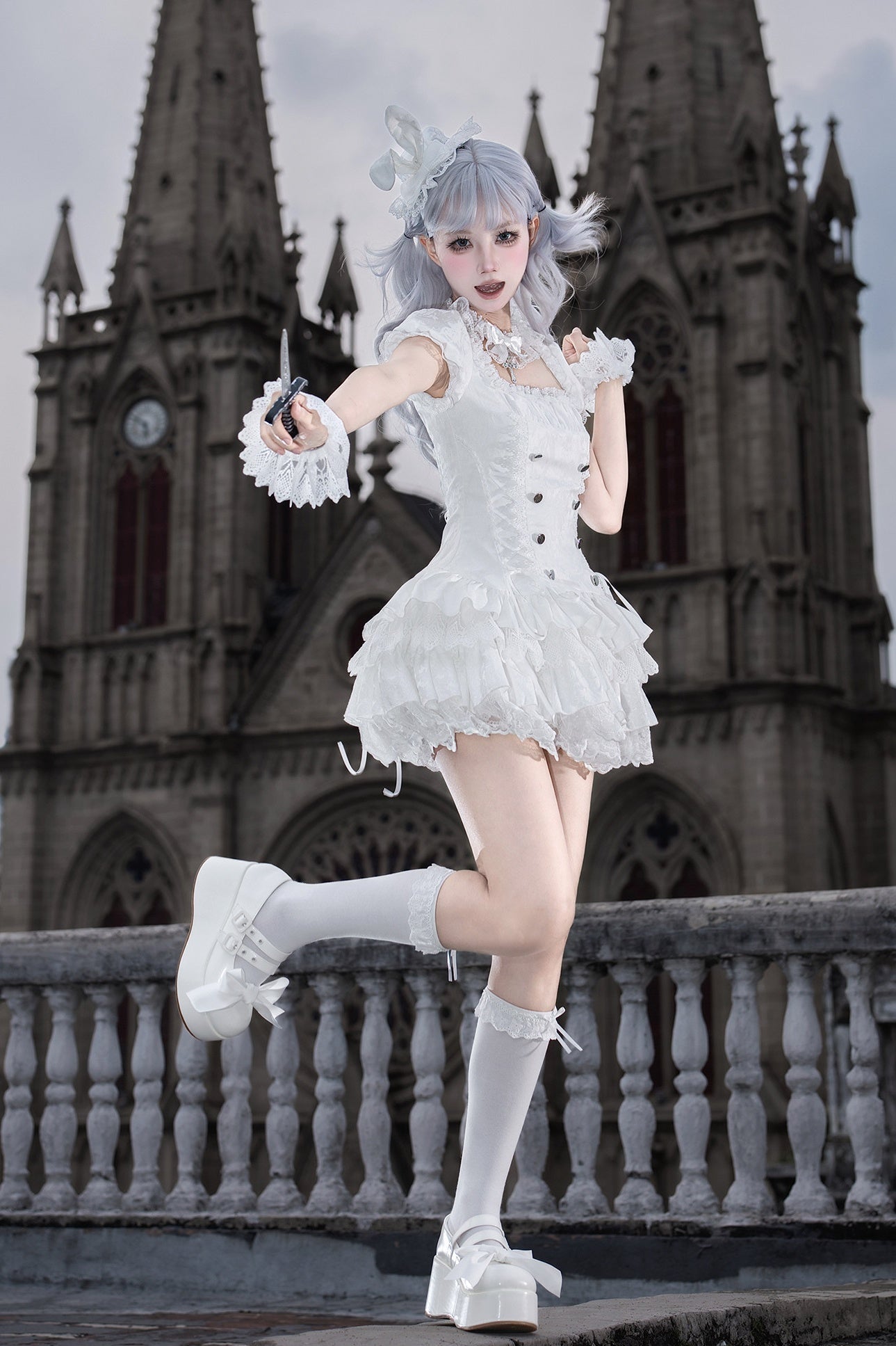 Gothic Sweet Maid Cross Stripe White Tiered Puff Mini OP Dress Twin Set - LolitaEra