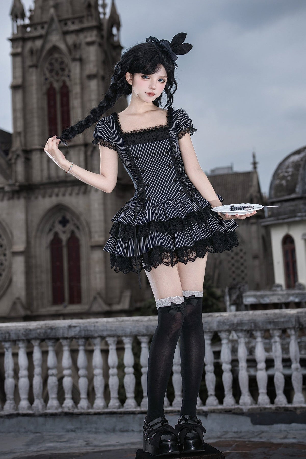 Gothic Sweet Maid Cross Stripe White Tiered Puff Mini OP Dress Twin Set - LolitaEra