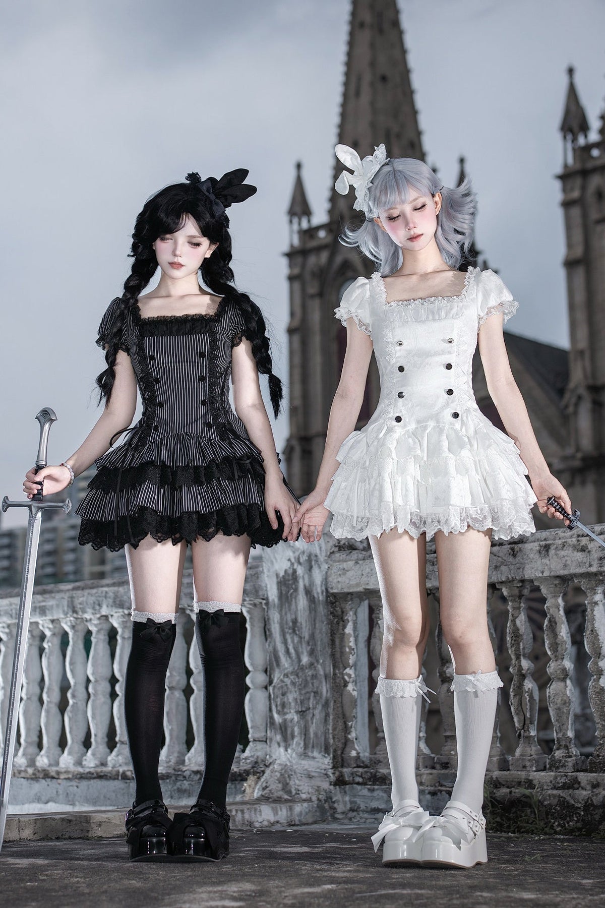 Gothic Sweet Maid Cross Stripe White Tiered Puff Mini OP Dress Twin Set - LolitaEra