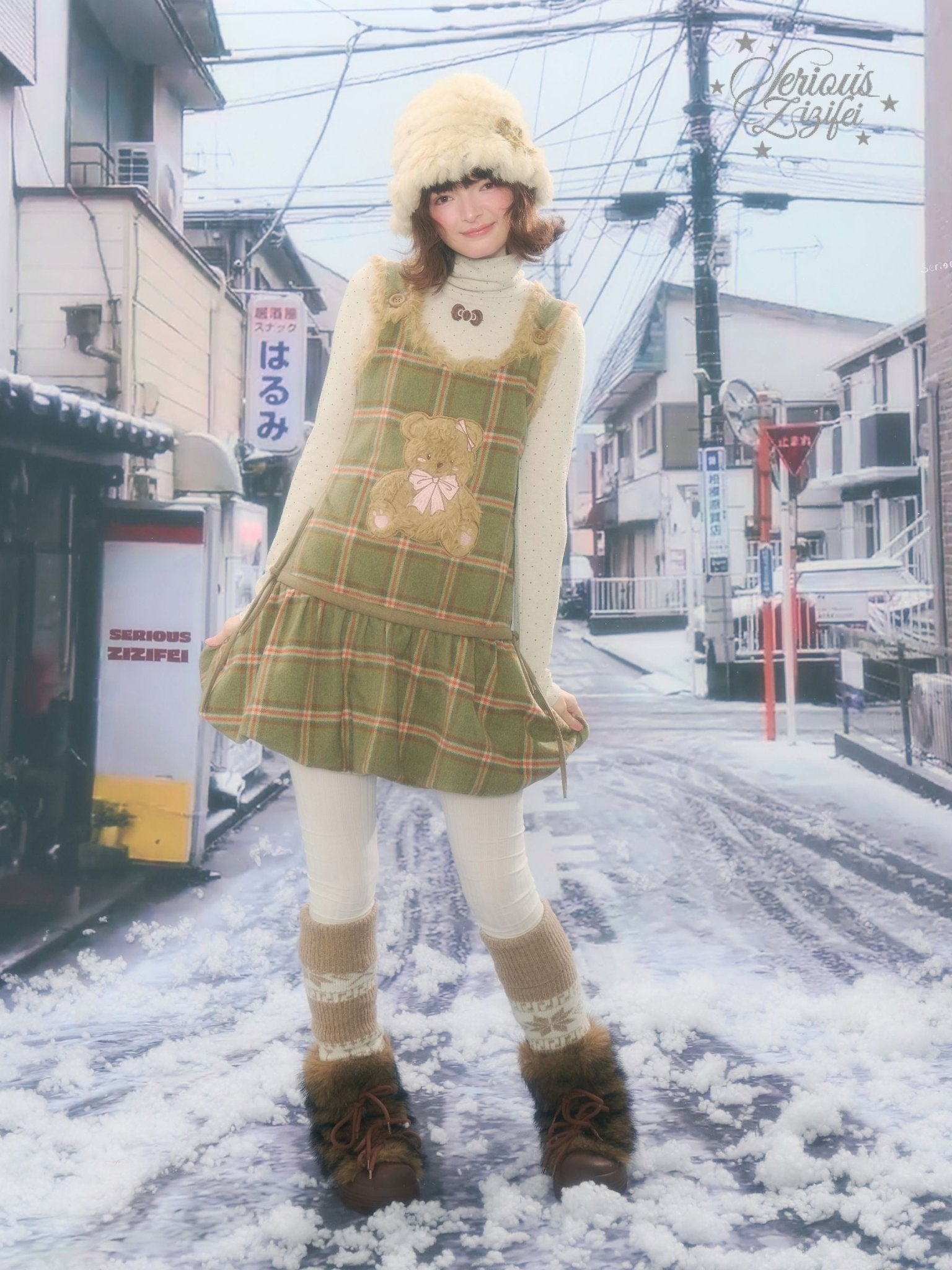 Green Plaid Vest Dress with Fluffy Bear Pockets LE1156 - LolitaEraGreenSGreen Plaid Vest Dress with Fluffy Bear Pockets LE1156