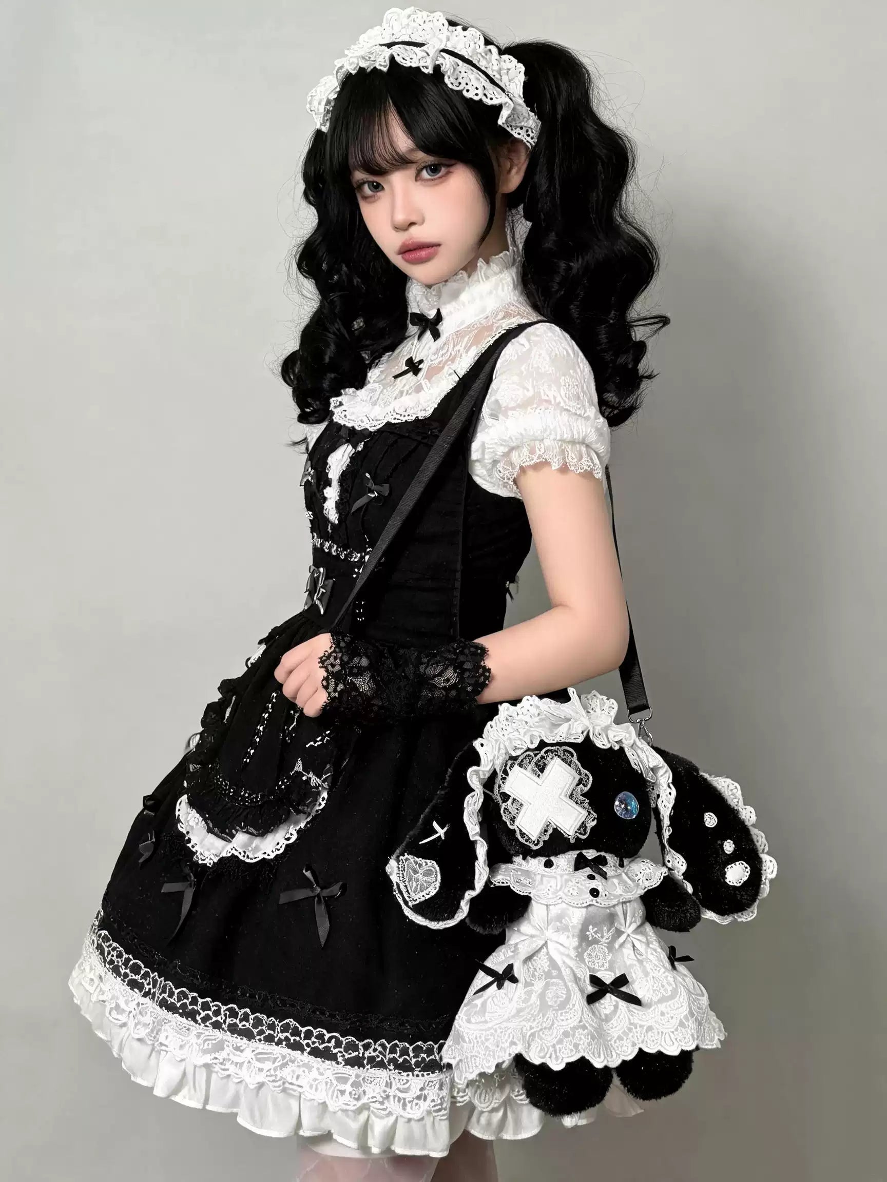 Handmade Plush Rabbit Lolita Crossbody Bag with Bow and Lace