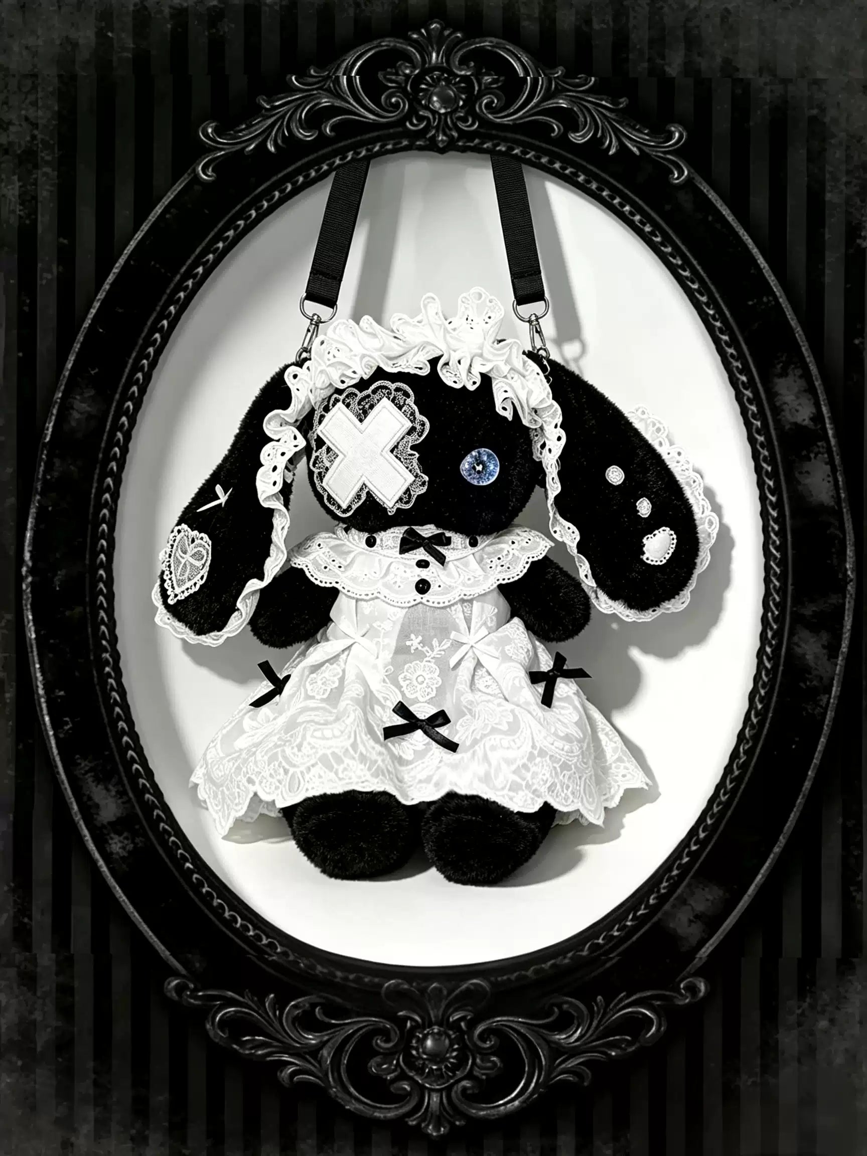 Handmade Plush Rabbit Lolita Crossbody Bag with Bow and Lace