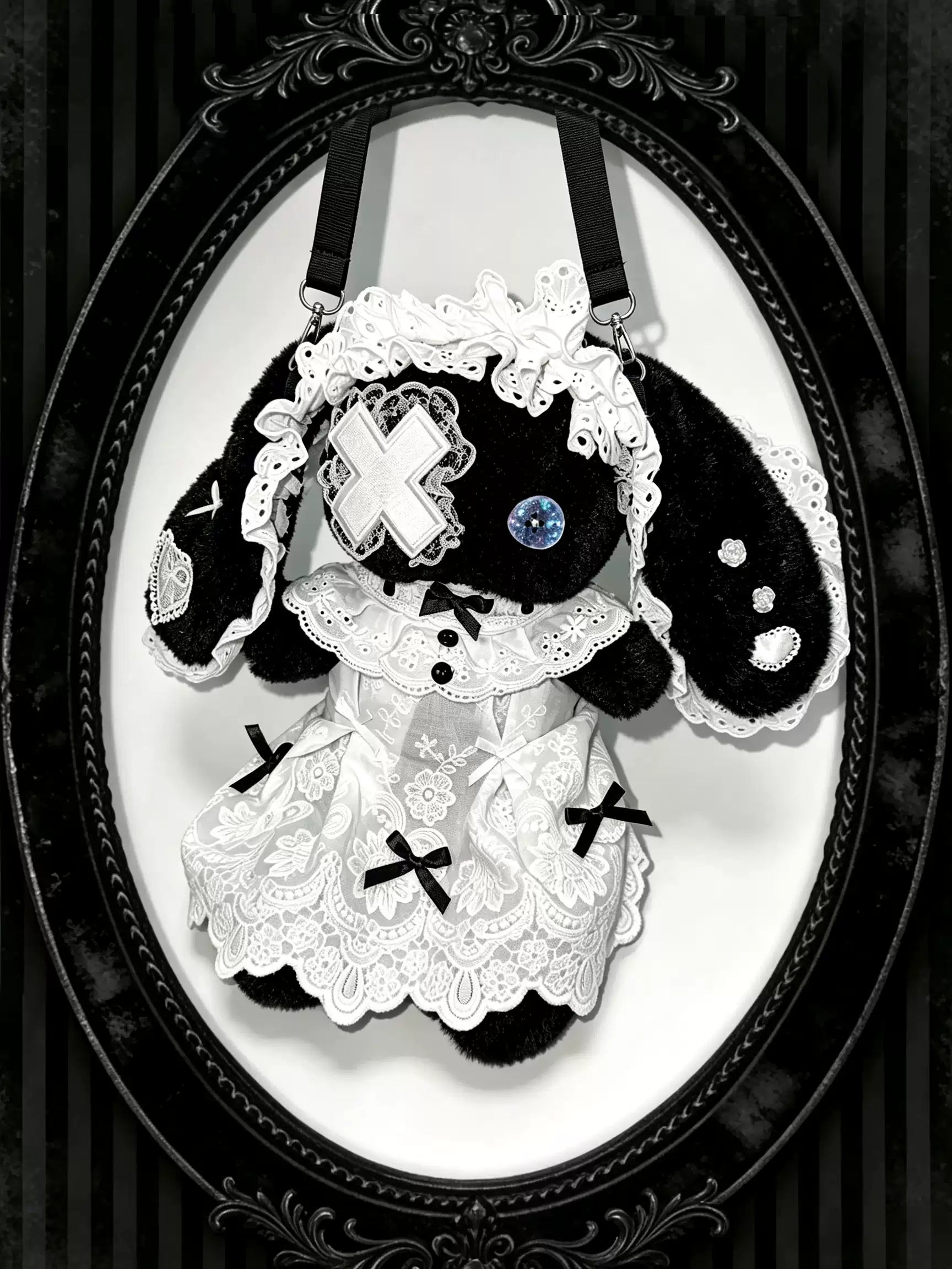 Handmade Plush Rabbit Lolita Crossbody Bag with Bow and Lace