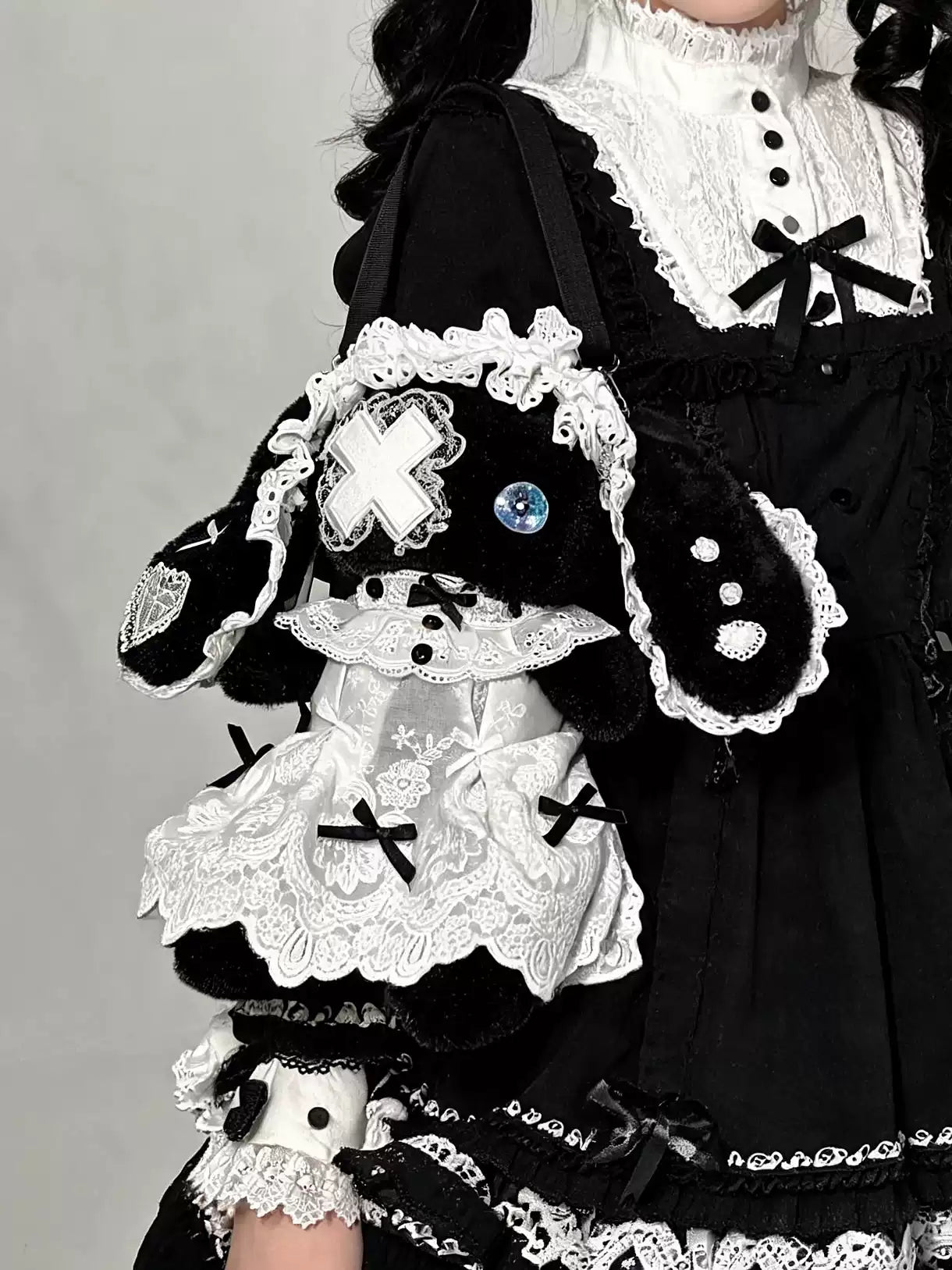Handmade Plush Rabbit Lolita Crossbody Bag with Bow and Lace