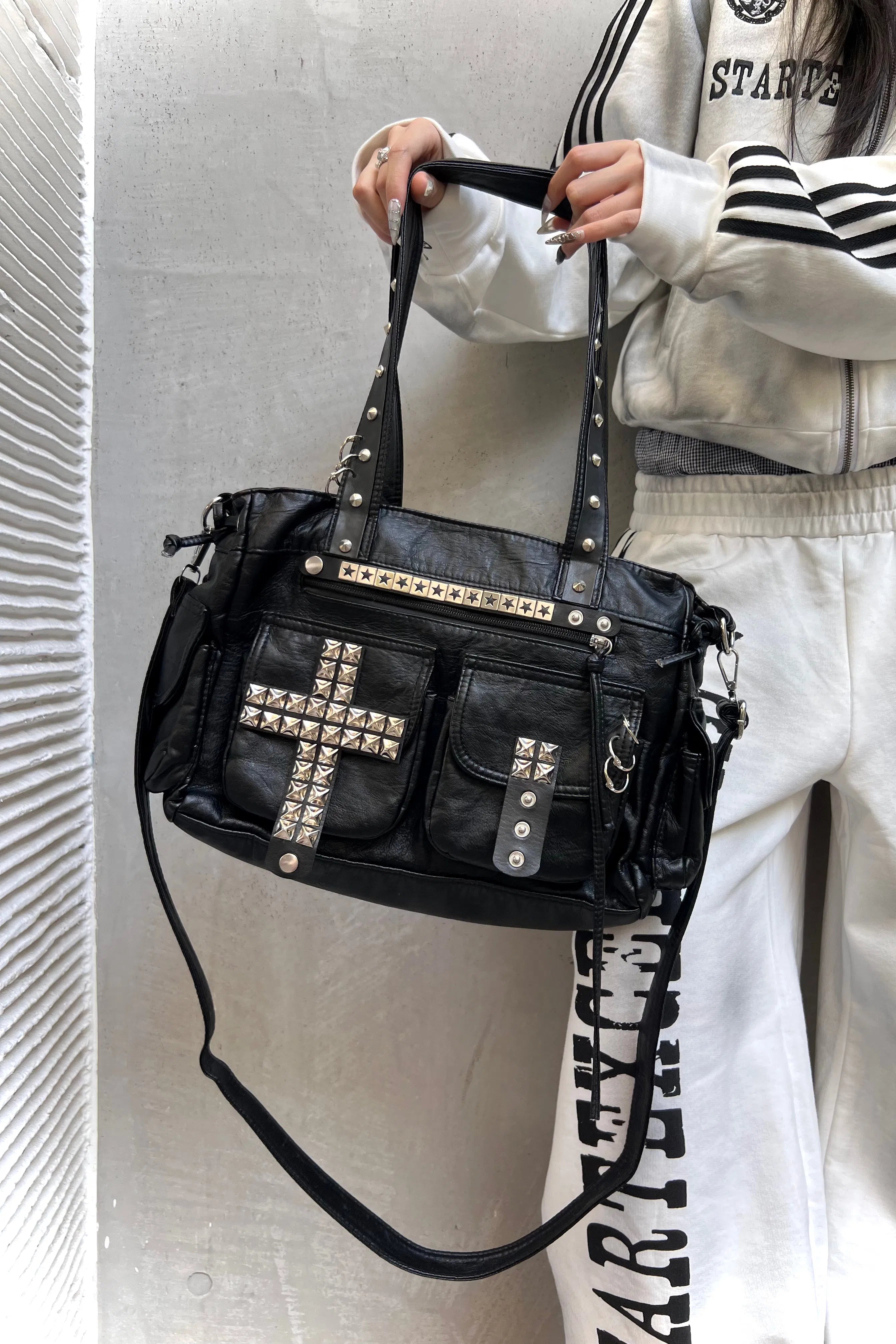 Handmade Punk Cross Tote Bag with Rivets and Studs