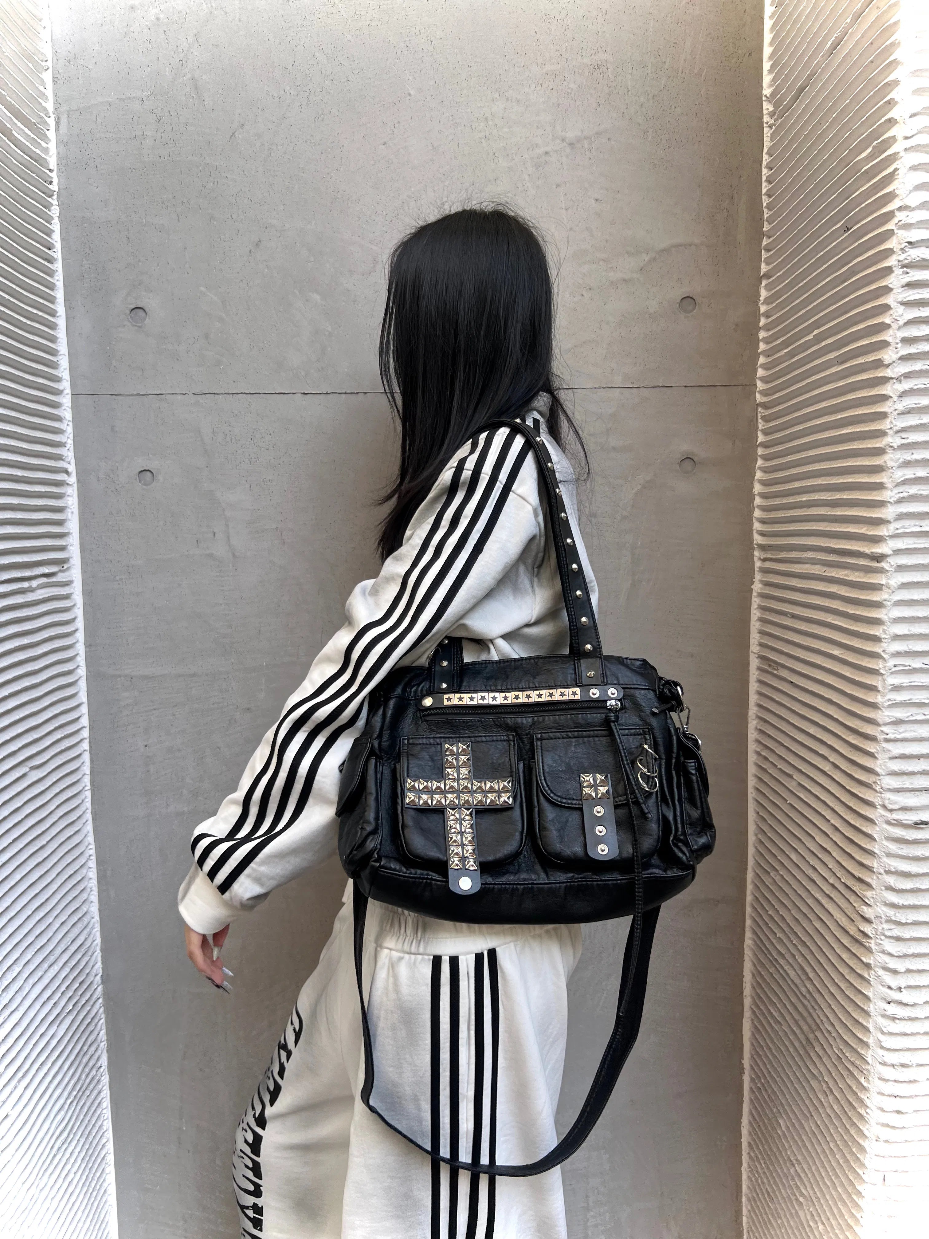 Handmade Punk Cross Tote Bag with Rivets and Studs