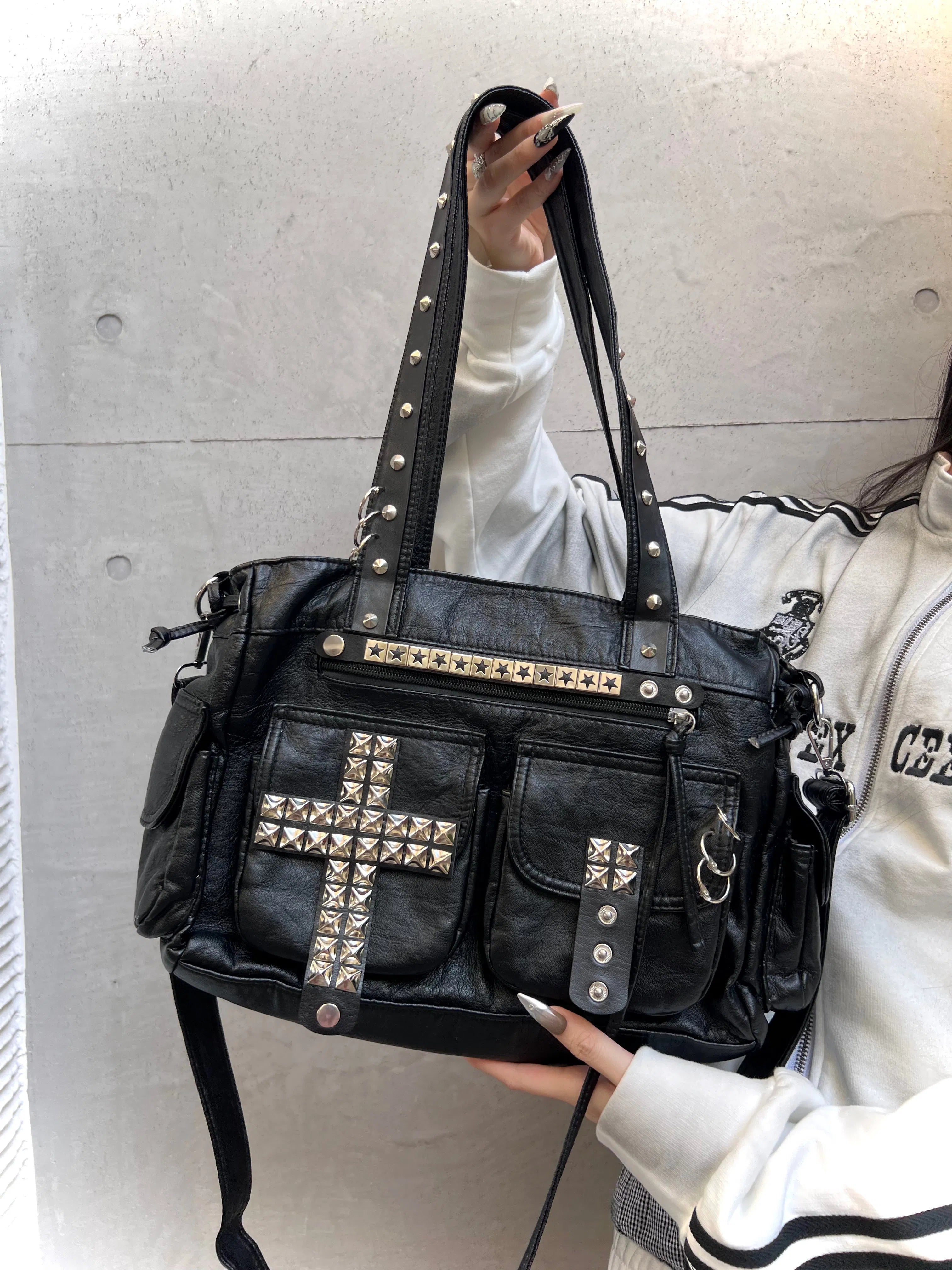 Handmade Punk Cross Tote Bag with Rivets and Studs