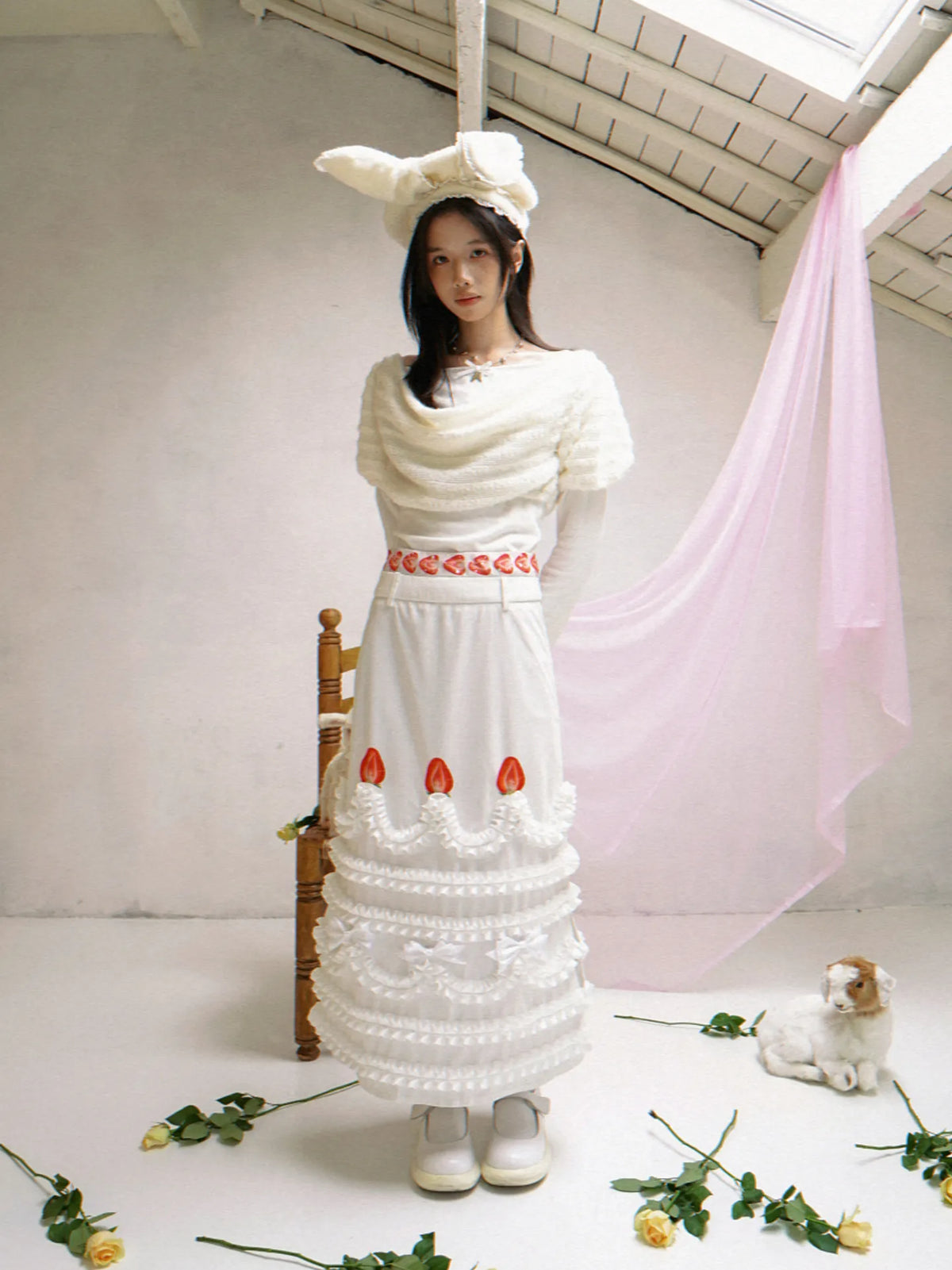 Daytoday Daily Research Institute Happy Birthday Cream Strawberry Cake Printed Hip Skirt One-step Skirt