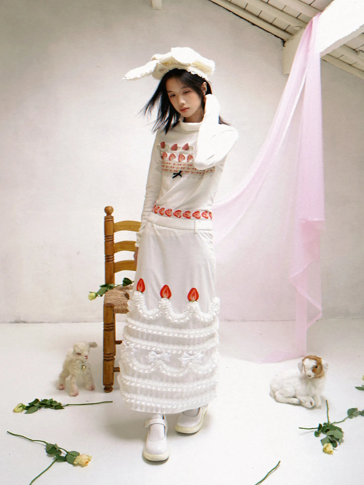 Daytoday Daily Research Institute Happy Birthday Cream Strawberry Cake Printed Hip Skirt One-step Skirt