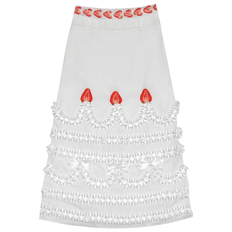 Daytoday Daily Research Institute Happy Birthday Cream Strawberry Cake Printed Hip Skirt One-step Skirt