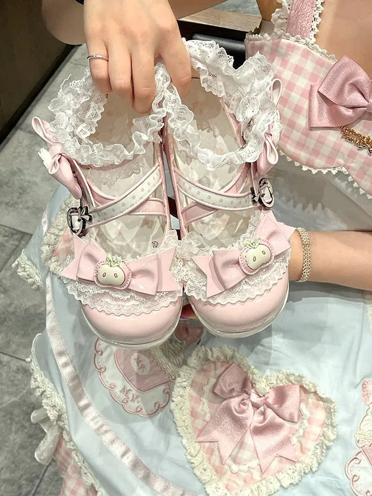 [Apple Tata] Heart-Cute Girl Original Platform Lolita Shoes Japanese Style Bowknot Height-Increasing Round-Toe Single Shoes