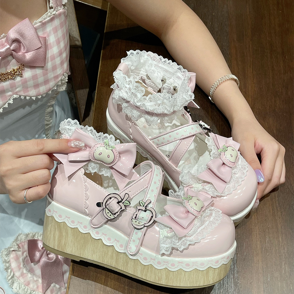[Apple Tata] Heart-Cute Girl Original Platform Lolita Shoes Japanese Style Bowknot Height-Increasing Round-Toe Single Shoes