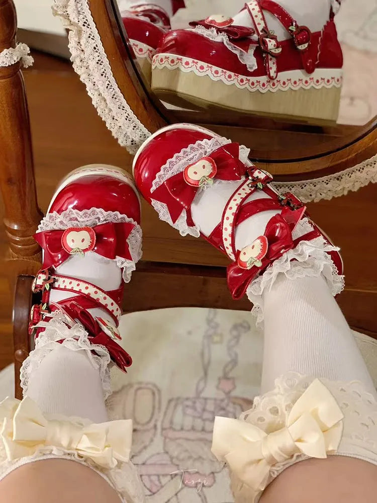 [Apple Tata] Heart-Cute Girl Original Platform Lolita Shoes Japanese Style Bowknot Height-Increasing Round-Toe Single Shoes