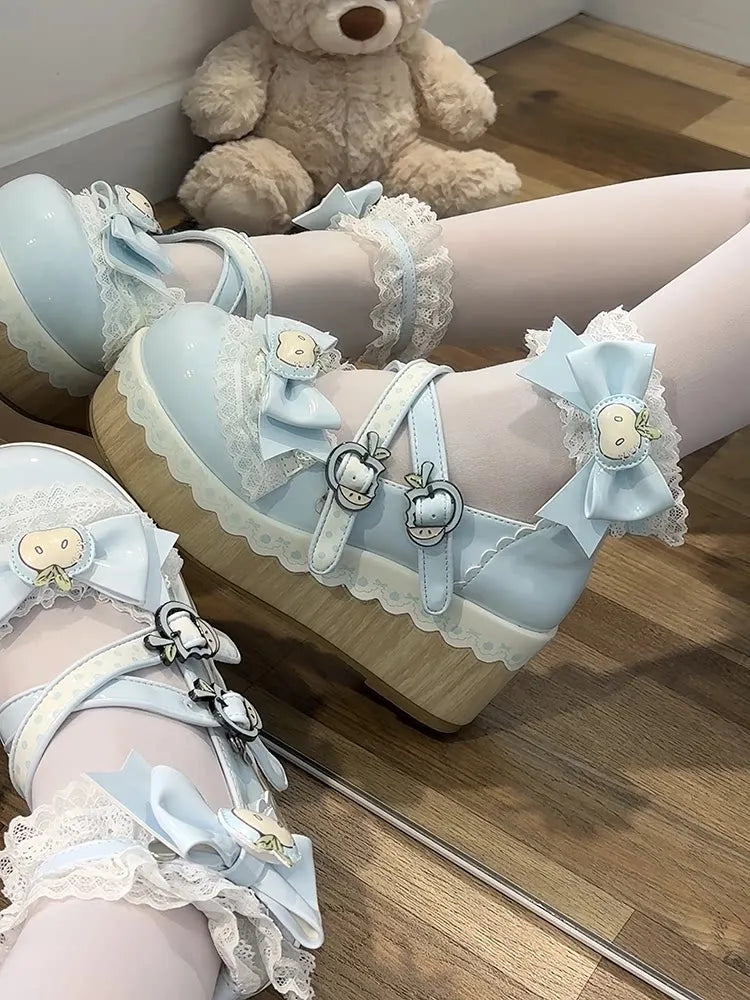 [Apple Tata] Heart-Cute Girl Original Platform Lolita Shoes Japanese Style Bowknot Height-Increasing Round-Toe Single Shoes