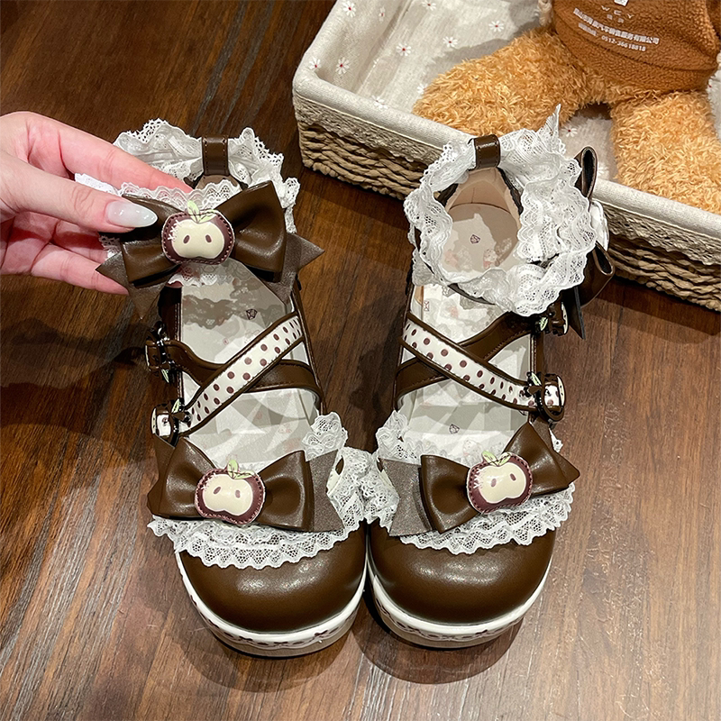[Apple Tata] Heart-Cute Girl Original Platform Lolita Shoes Japanese Style Bowknot Height-Increasing Round-Toe Single Shoes