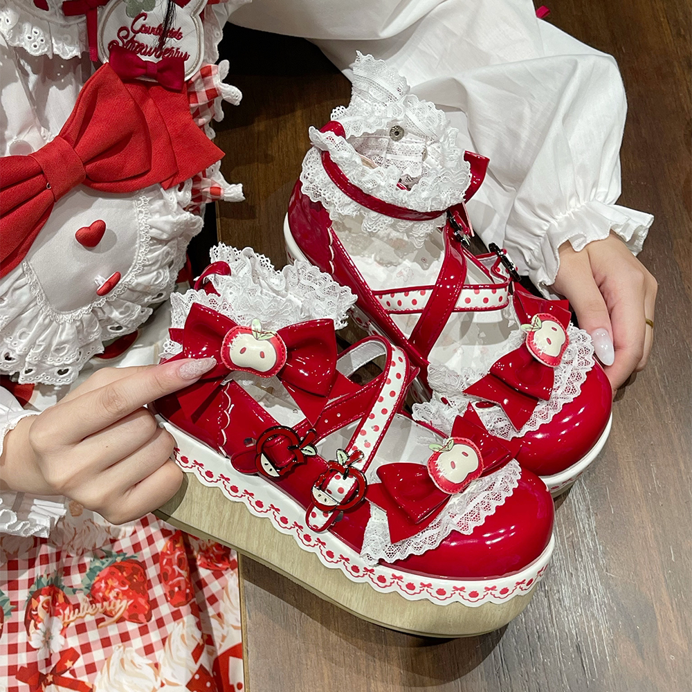 [Apple Tata] Heart-Cute Girl Original Platform Lolita Shoes Japanese Style Bowknot Height-Increasing Round-Toe Single Shoes