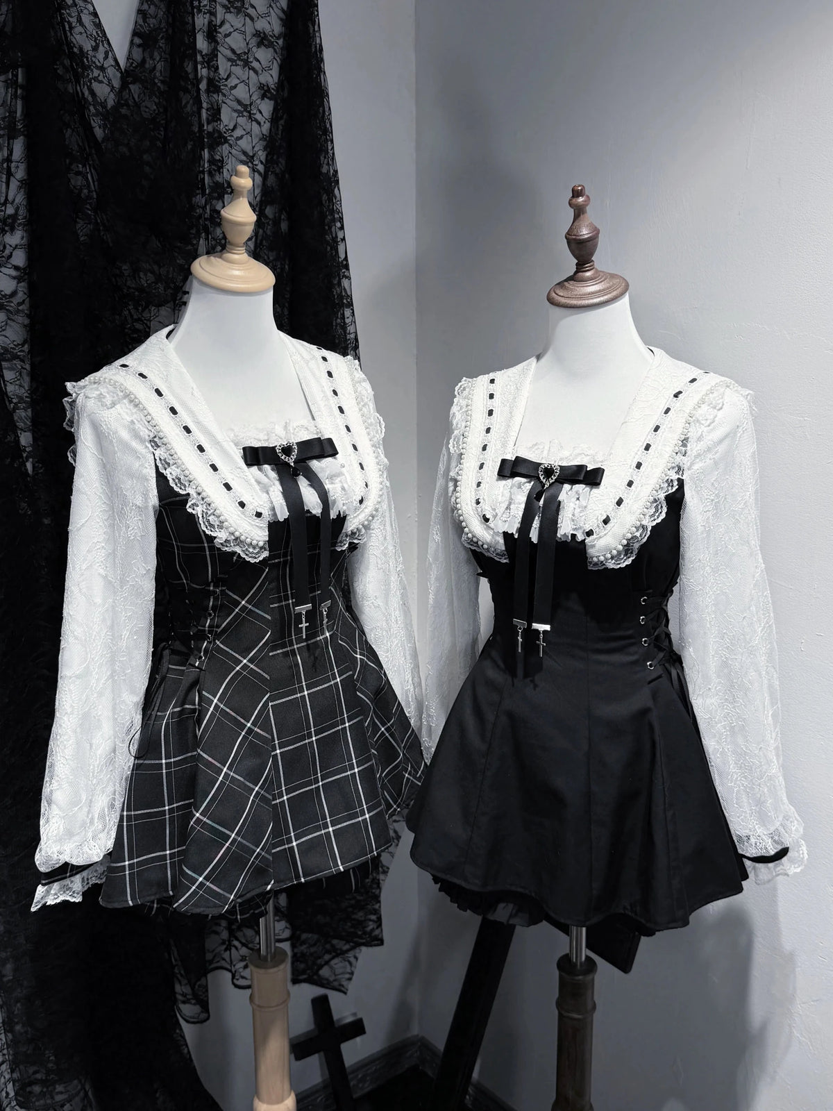 Heart Island Dreams Plaid Lace Long Sleeve Top & Shorts Set - LolitaEra