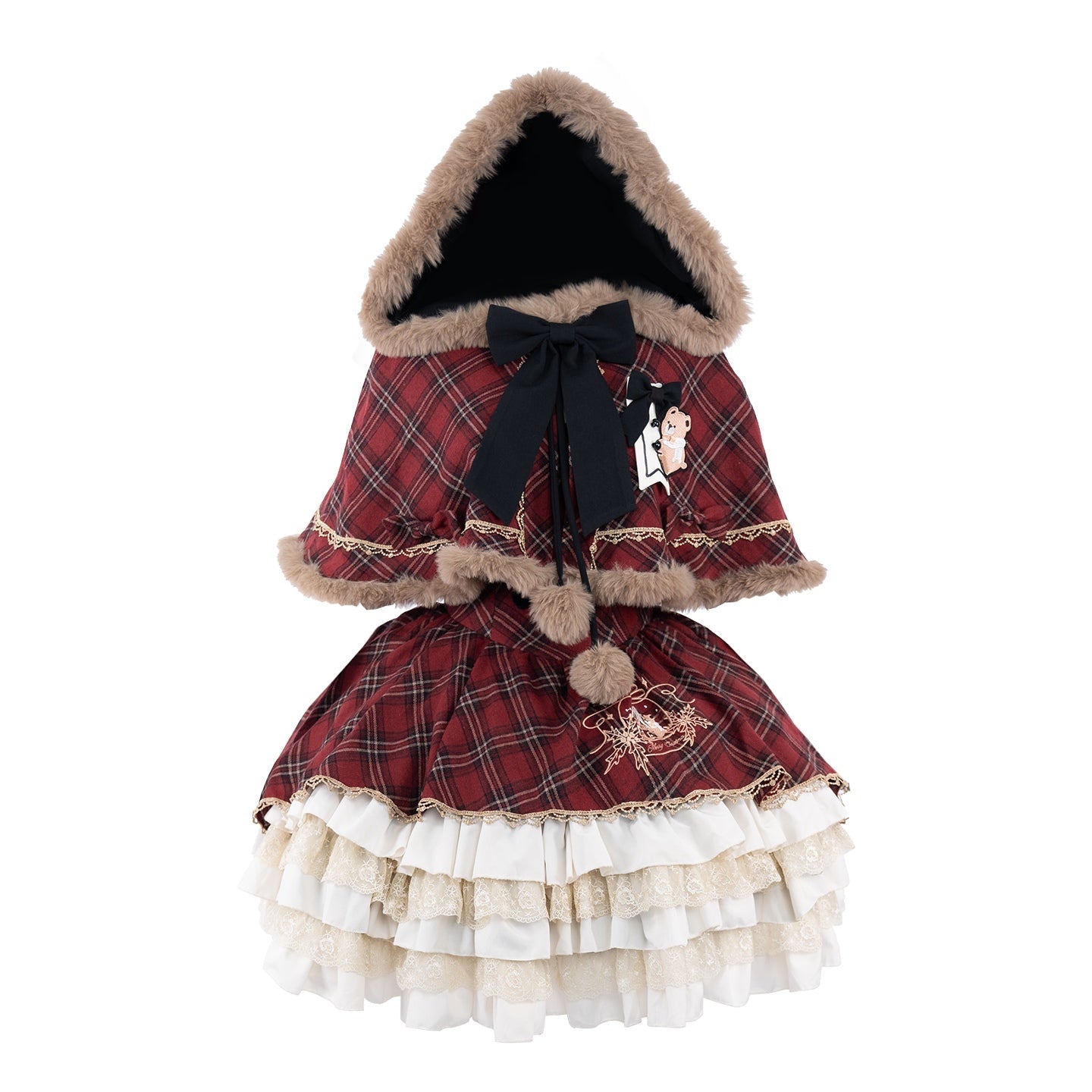 Holly Berry Bear Plaid JSK Cloak Set - LolitaEraJSK+CloakSHolly Berry Bear Plaid JSK Cloak Set