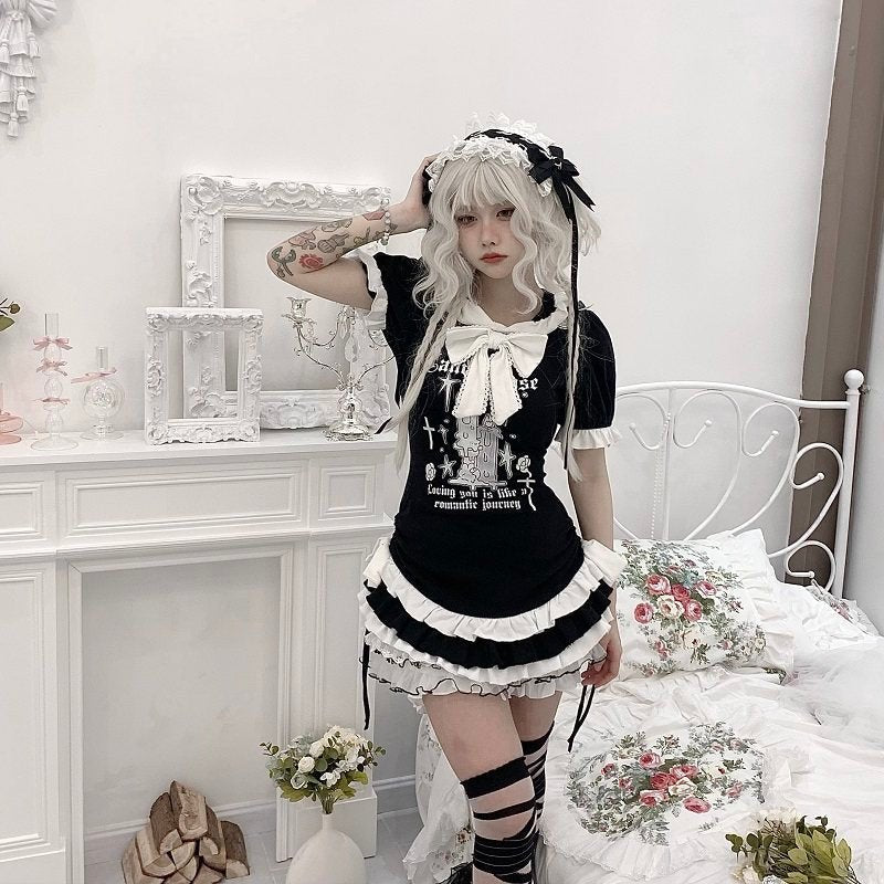 Hooded Kawaii Bowknot Anime Slim - fit T-shirt - LolitaEraBlackSHooded Kawaii Bowknot Anime Slim - fit T-shirt