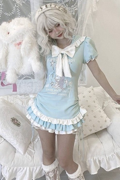 Hooded Kawaii Bowknot Anime Slim - fit T-shirt - LolitaEraBlueSHooded Kawaii Bowknot Anime Slim - fit T-shirt