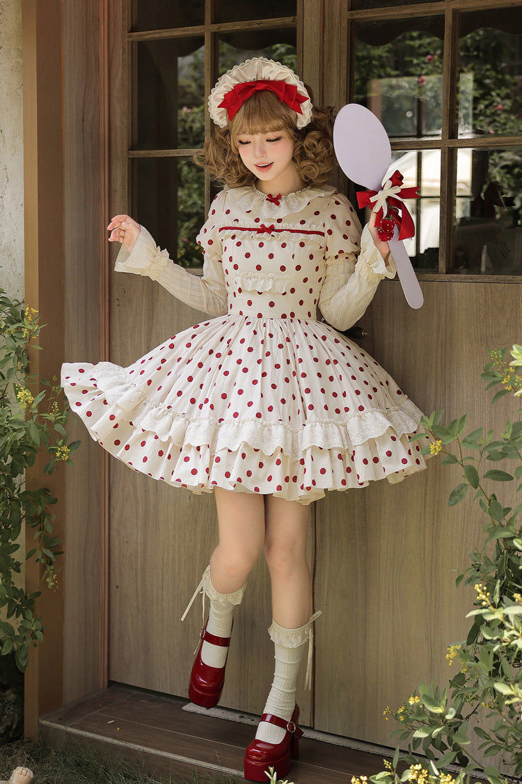 Apricot [Lollipop] Cotton Round Collar Long Lantern Sleeves Polka Dot Printed Ruffled Bow Lace Sweet Elegant Lolita Dress 2 Versions