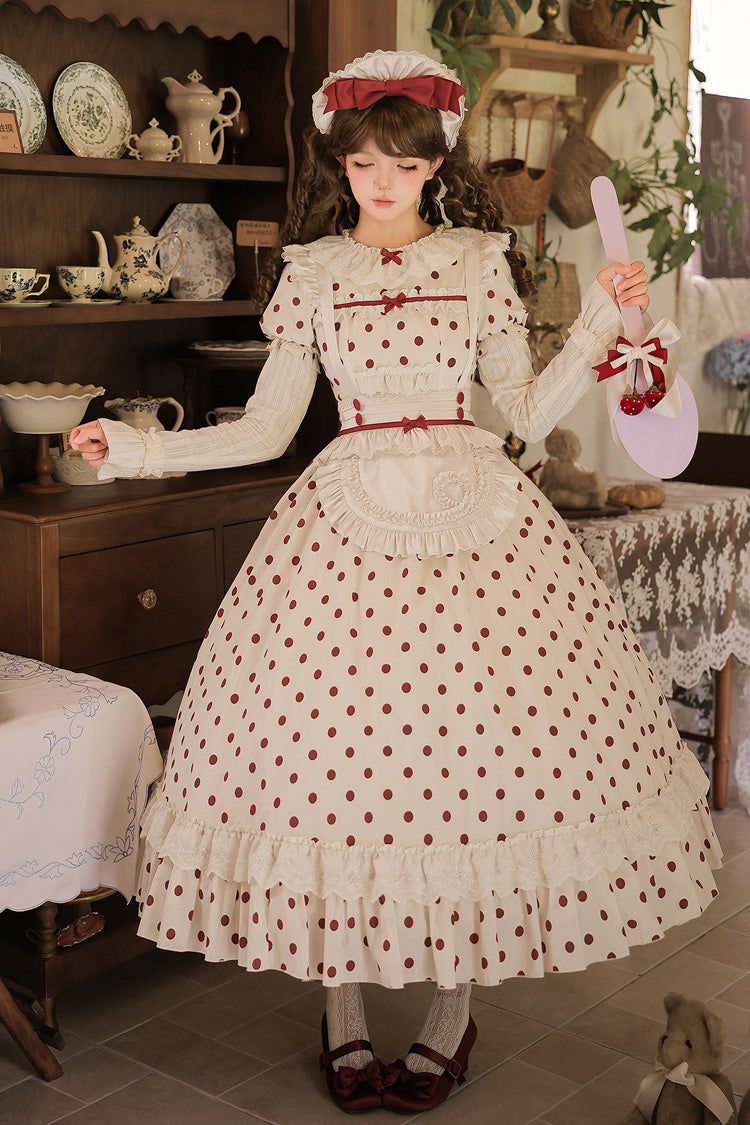Apricot [Lollipop] Cotton Round Collar Long Lantern Sleeves Polka Dot Printed Ruffled Bow Lace Sweet Elegant Lolita Dress 2 Versions