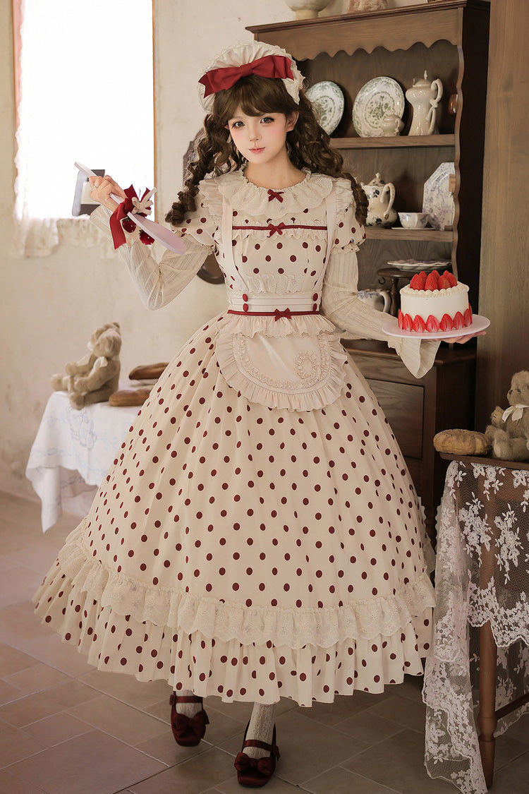 Apricot [Lollipop] Cotton Round Collar Long Lantern Sleeves Polka Dot Printed Ruffled Bow Lace Sweet Elegant Lolita Dress 2 Versions