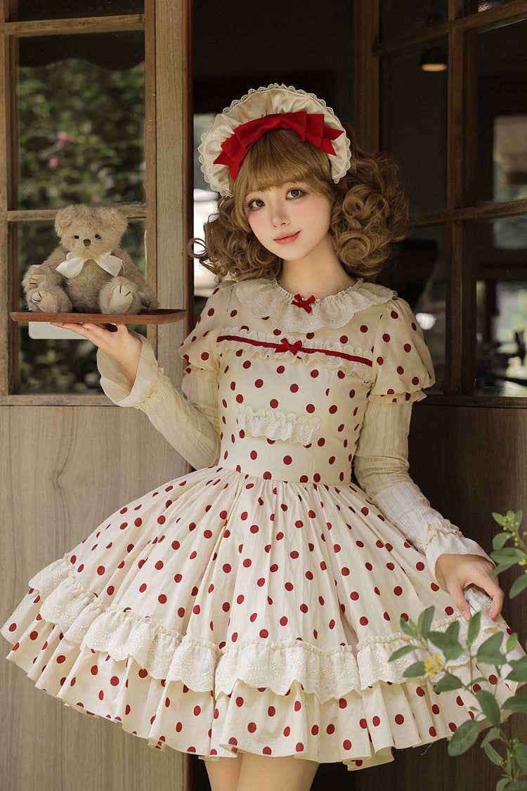 Apricot [Lollipop] Cotton Round Collar Long Lantern Sleeves Polka Dot Printed Ruffled Bow Lace Sweet Elegant Lolita Dress 2 Versions