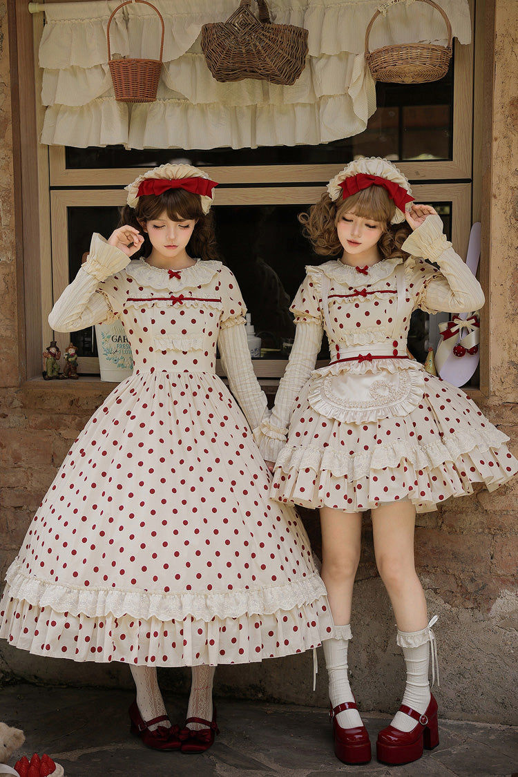 Apricot [Lollipop] Cotton Round Collar Long Lantern Sleeves Polka Dot Printed Ruffled Bow Lace Sweet Elegant Lolita Dress 2 Versions