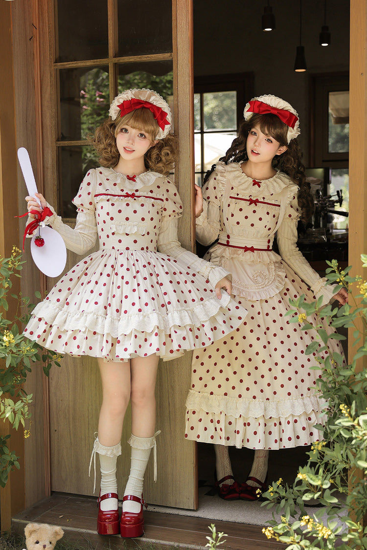 Apricot [Lollipop] Cotton Round Collar Long Lantern Sleeves Polka Dot Printed Ruffled Bow Lace Sweet Elegant Lolita Dress 2 Versions