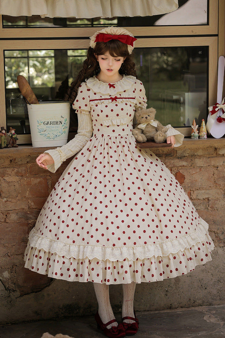 Apricot [Lollipop] Cotton Round Collar Long Lantern Sleeves Polka Dot Printed Ruffled Bow Lace Sweet Elegant Lolita Dress 2 Versions