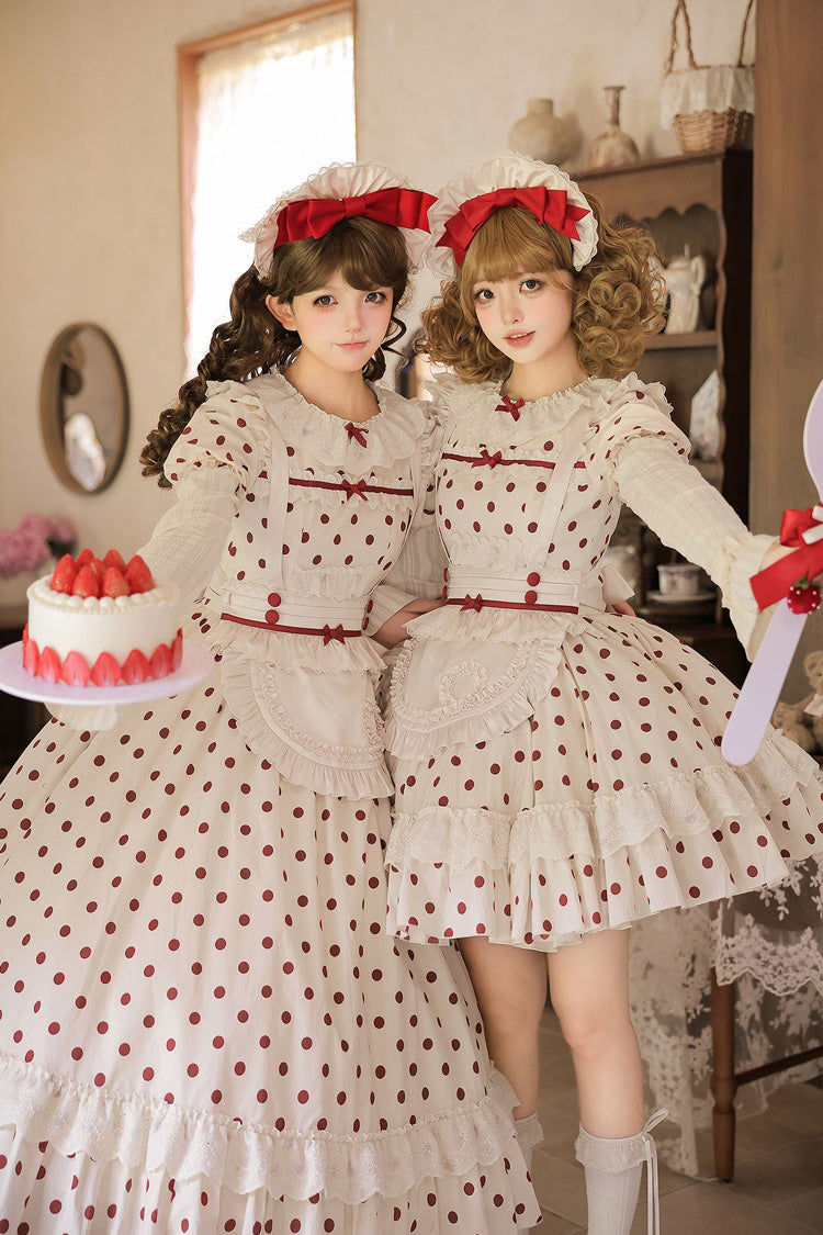 Apricot [Lollipop] Cotton Round Collar Long Lantern Sleeves Polka Dot Printed Ruffled Bow Lace Sweet Elegant Lolita Dress 2 Versions
