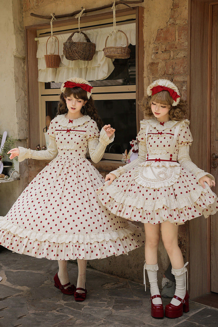 Apricot [Lollipop] Cotton Round Collar Long Lantern Sleeves Polka Dot Printed Ruffled Bow Lace Sweet Elegant Lolita Dress 2 Versions