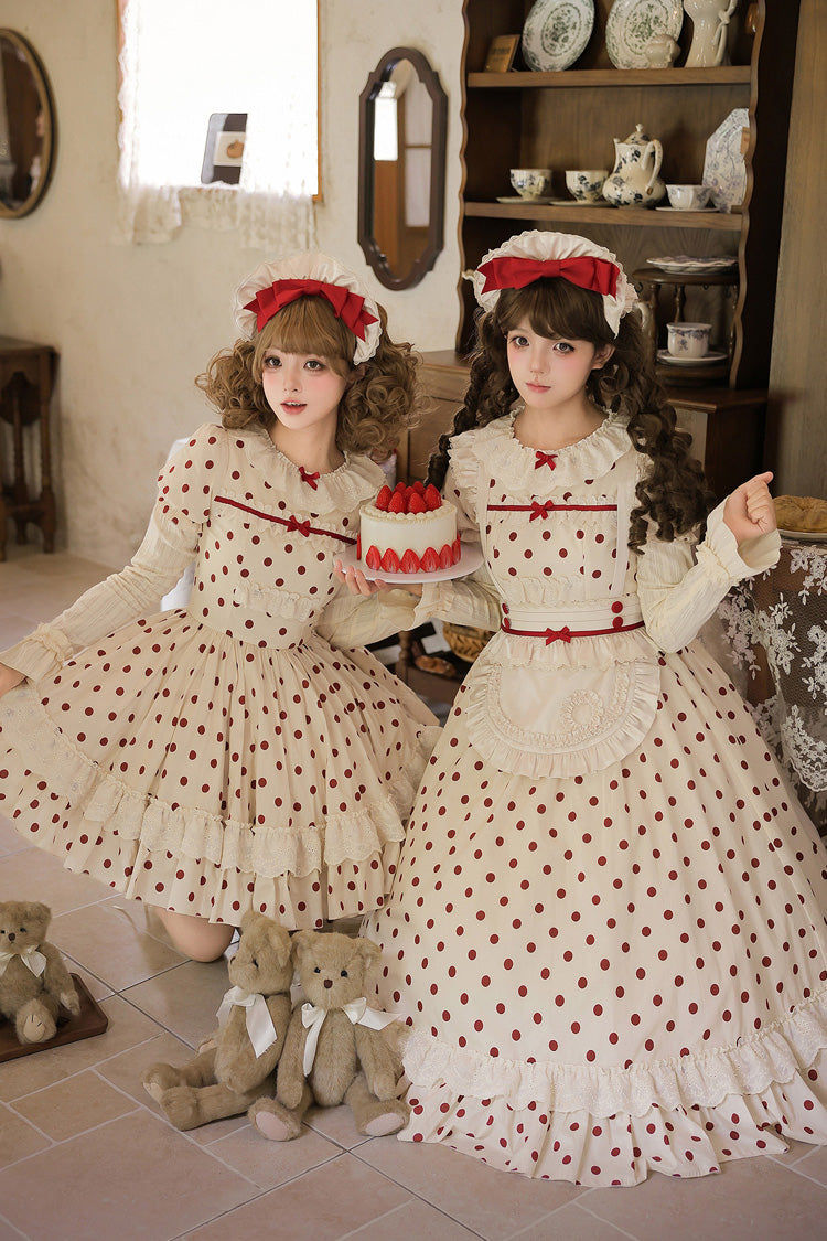 Apricot [Lollipop] Cotton Round Collar Long Lantern Sleeves Polka Dot Printed Ruffled Bow Lace Sweet Elegant Lolita Dress 2 Versions