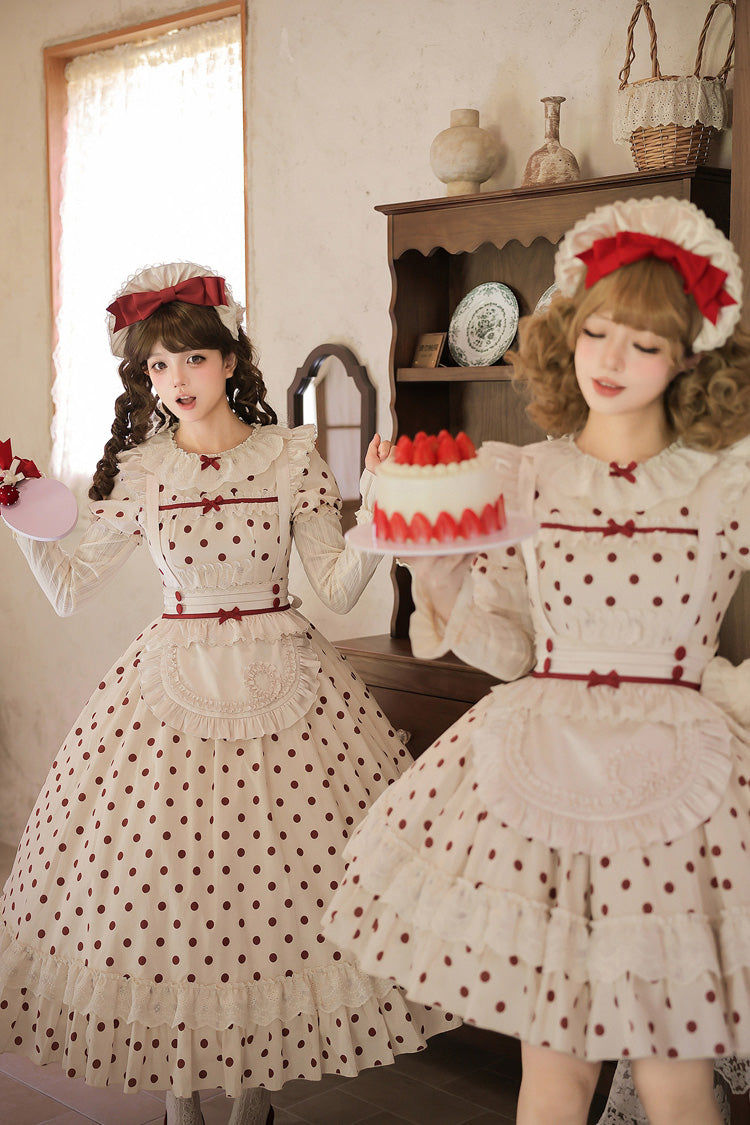 Apricot [Lollipop] Cotton Round Collar Long Lantern Sleeves Polka Dot Printed Ruffled Bow Lace Sweet Elegant Lolita Dress 2 Versions