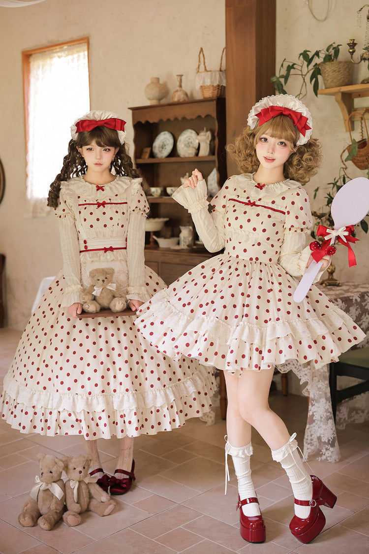 Apricot [Lollipop] Cotton Round Collar Long Lantern Sleeves Polka Dot Printed Ruffled Bow Lace Sweet Elegant Lolita Dress 2 Versions